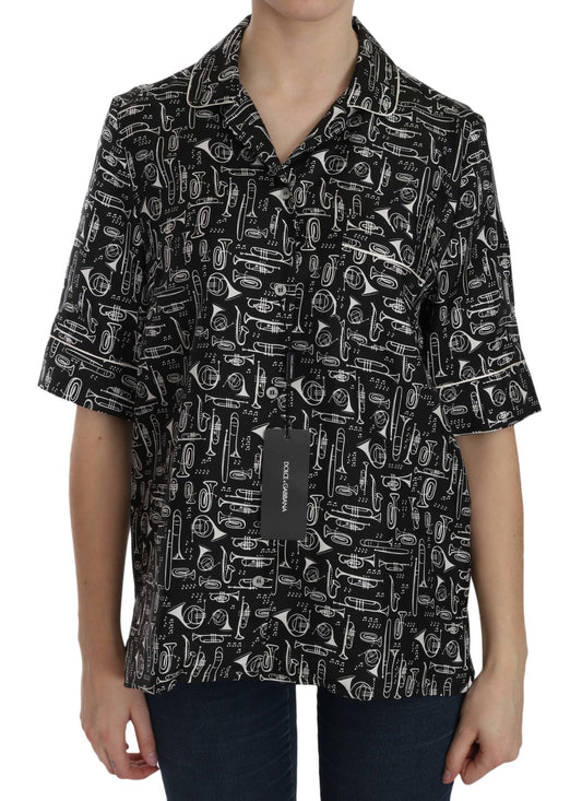 Top de seda con estampado de instrumentos musicales negro