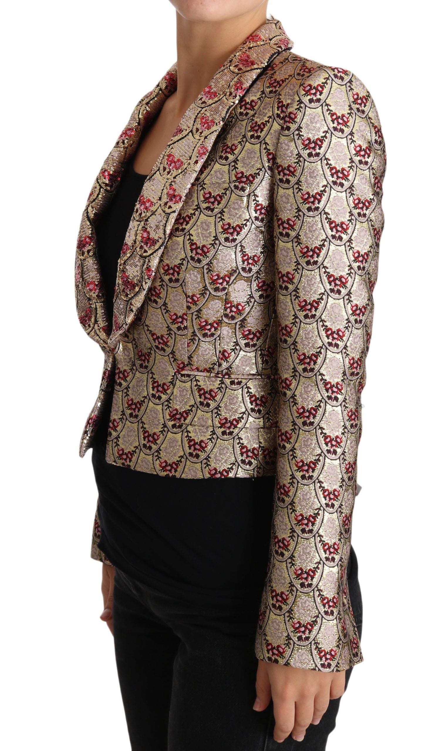 Chaqueta tipo blazer con lentejuelas y estampado floral dorado