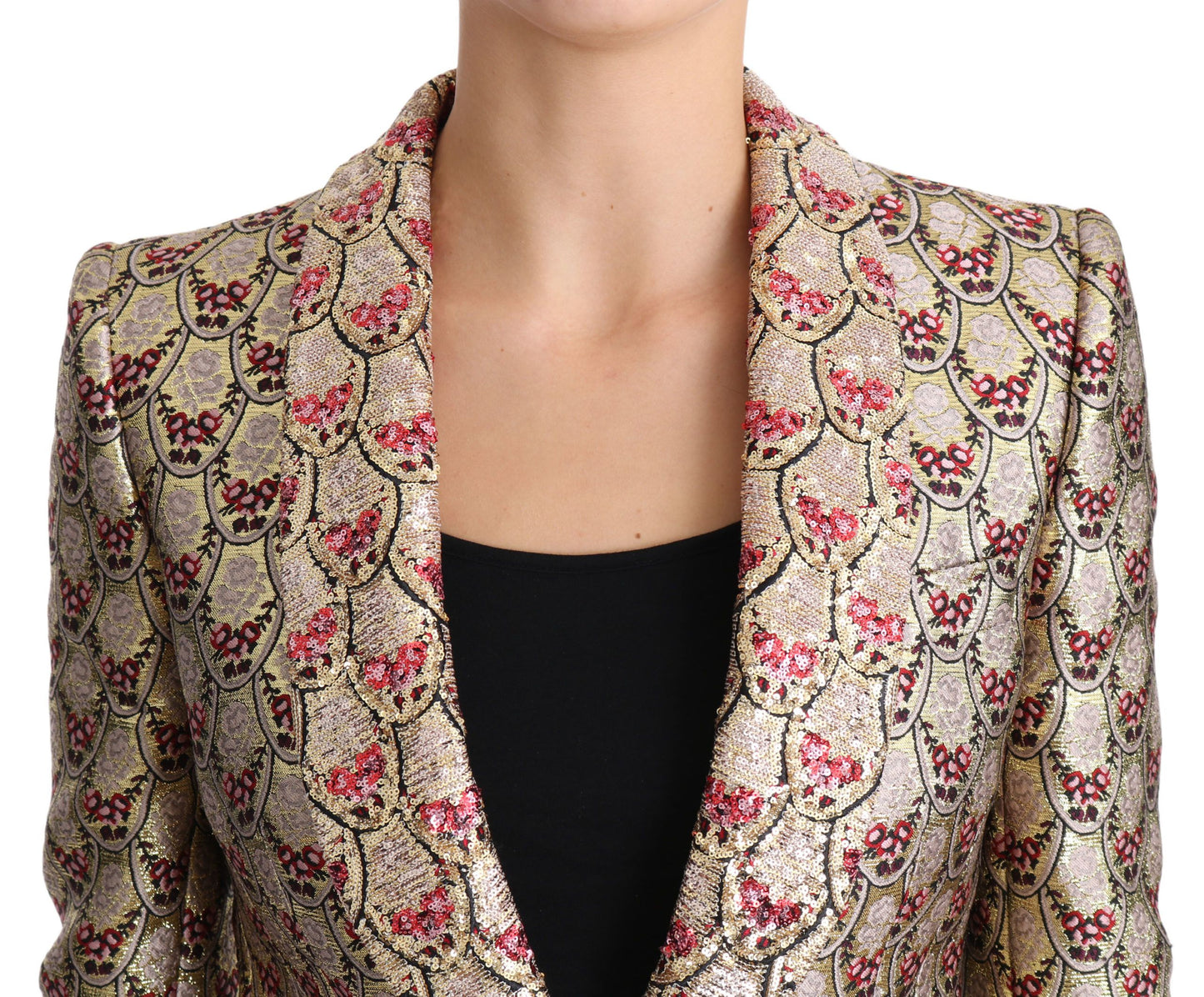 Chaqueta tipo blazer con lentejuelas y estampado floral dorado