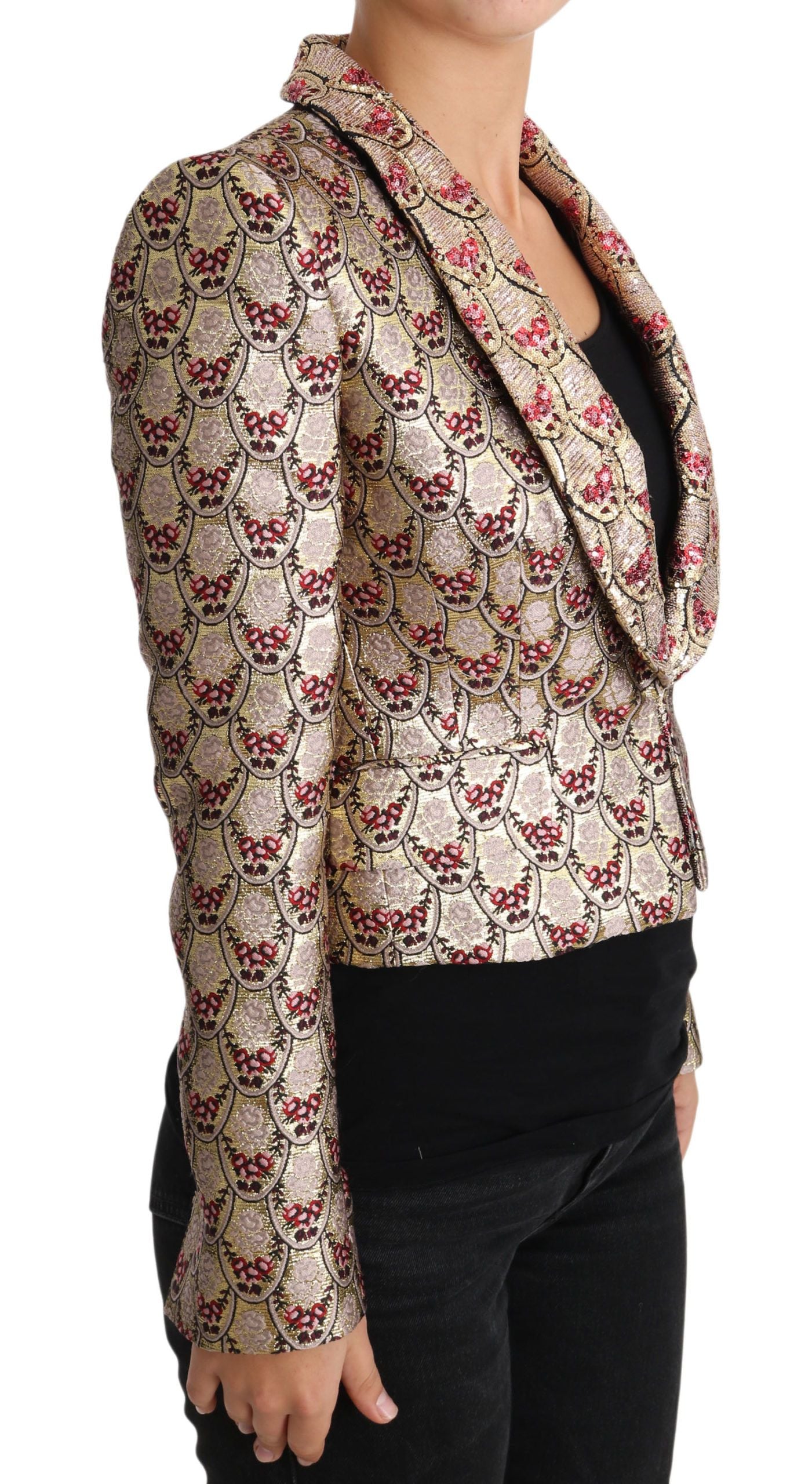 Chaqueta tipo blazer con lentejuelas y estampado floral dorado