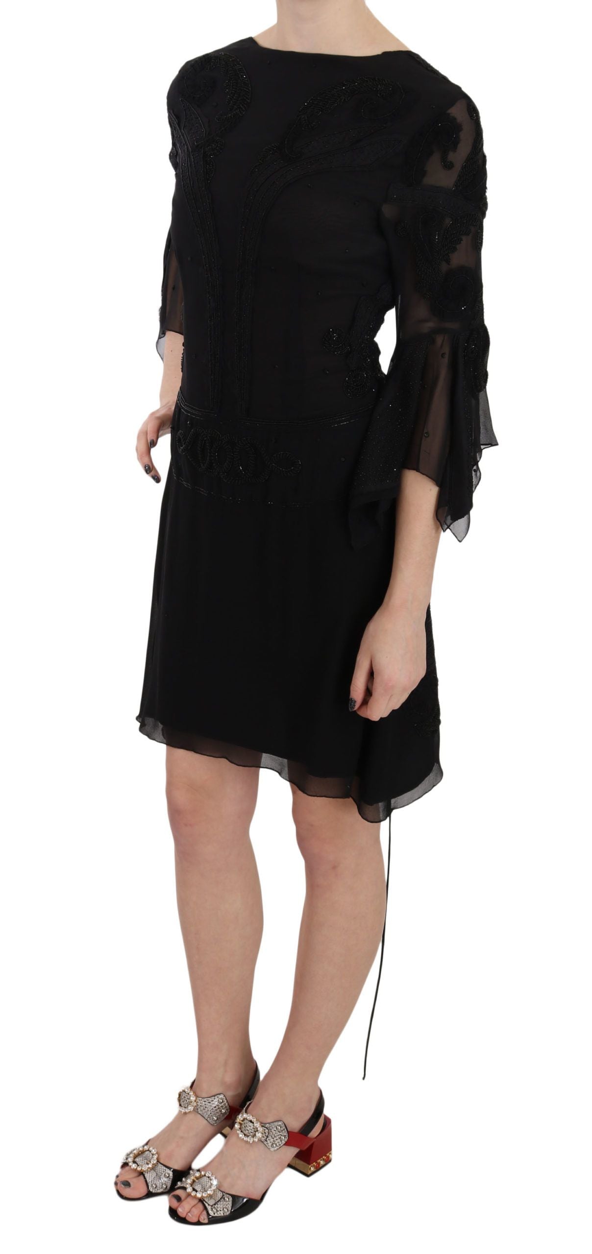 Minivestido recto de seda con lentejuelas en negro