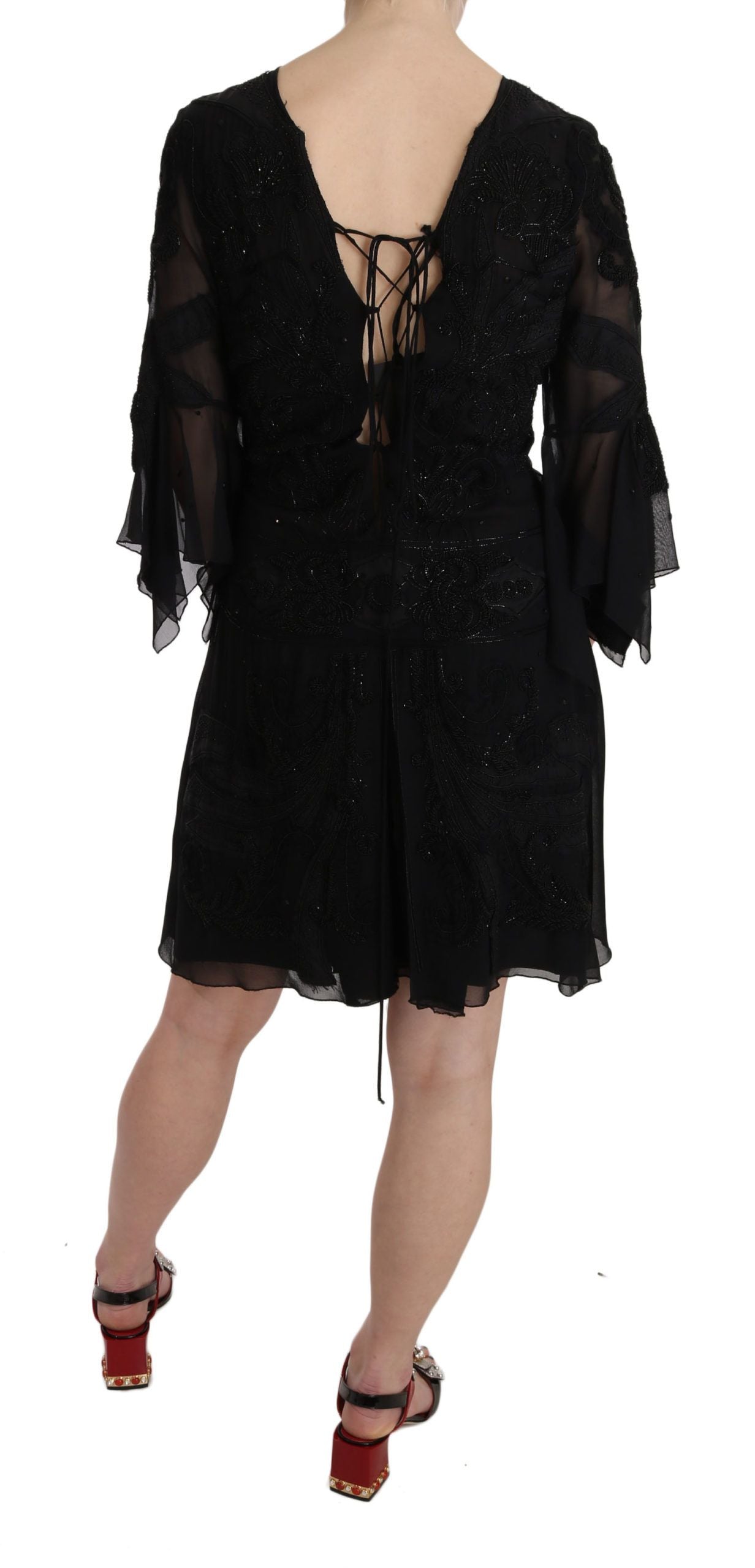 Minivestido recto de seda con lentejuelas en negro