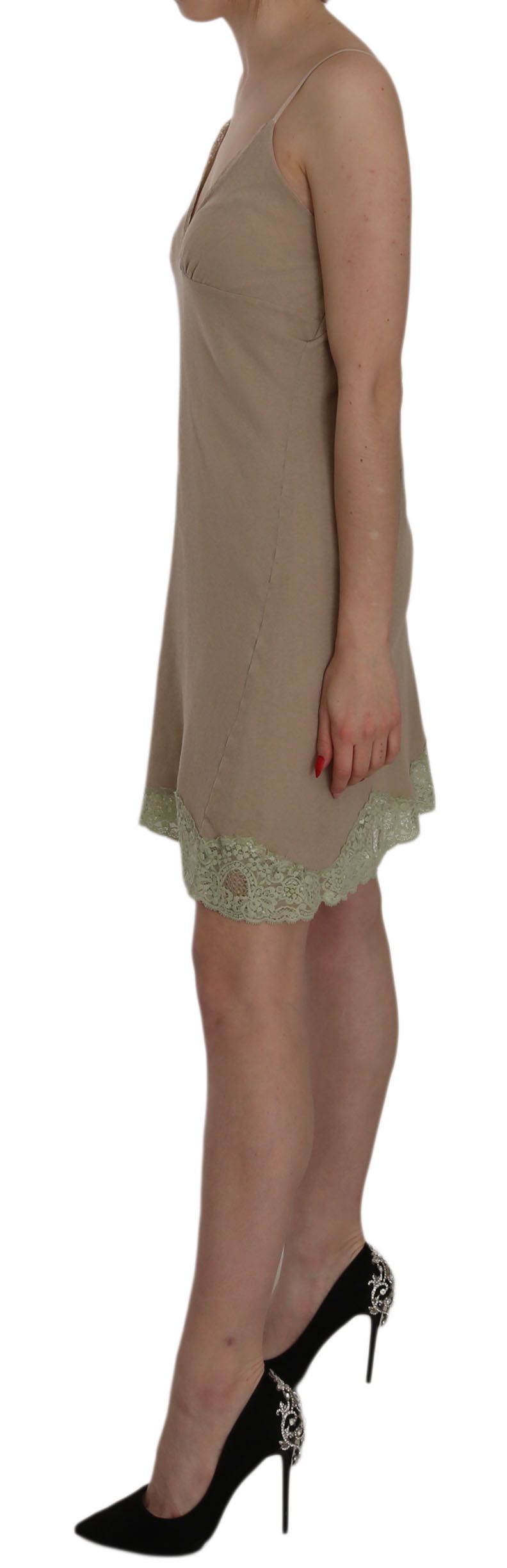 Minivestido de algodón con tirantes finos de encaje beige