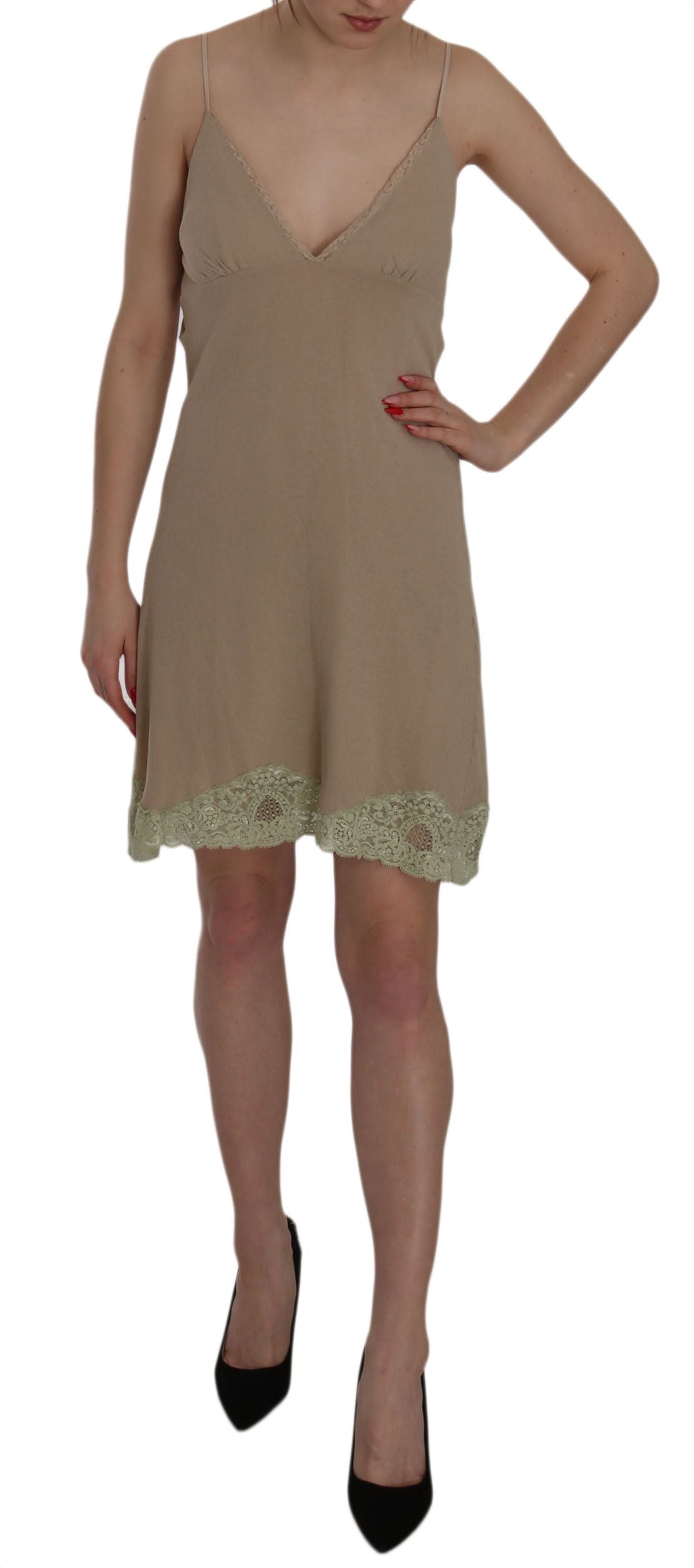 Minivestido de algodón con tirantes finos de encaje beige