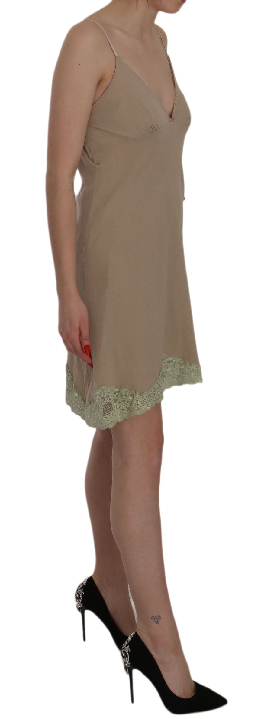 Minivestido de algodón con tirantes finos de encaje beige