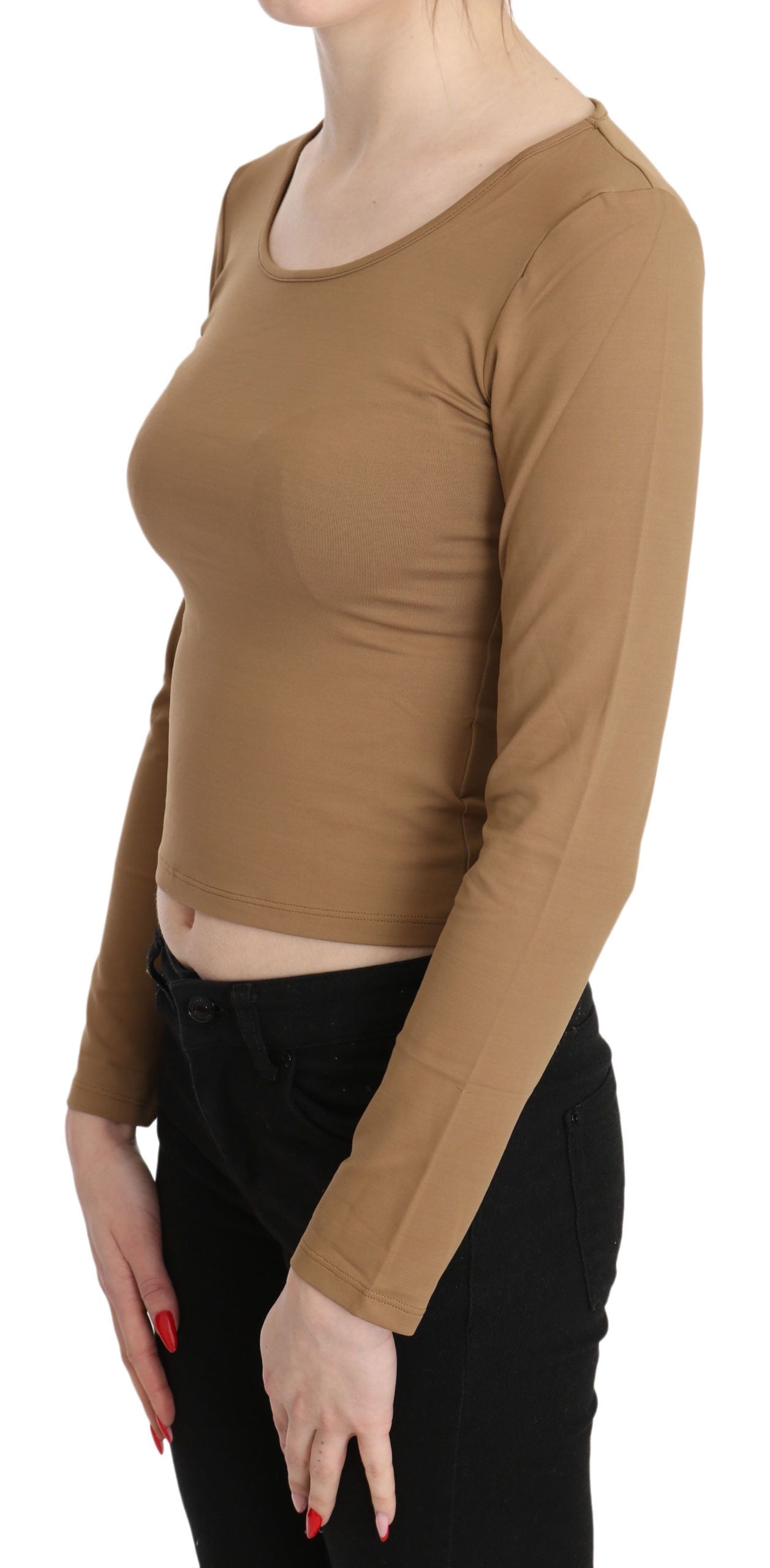 Blusa top corto ajustado de manga larga con cuello redondo marrón