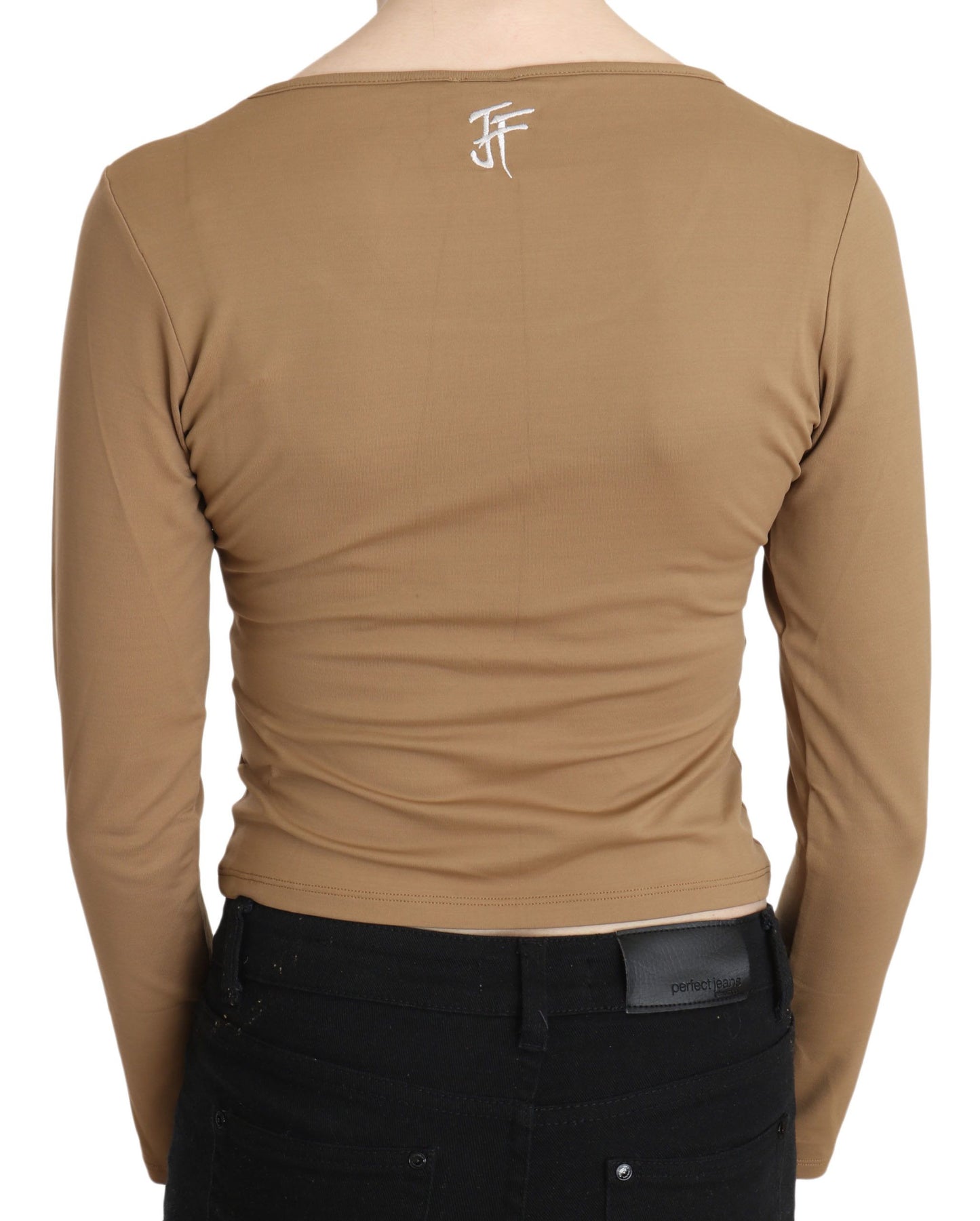 Blusa top corto ajustado de manga larga con cuello redondo marrón