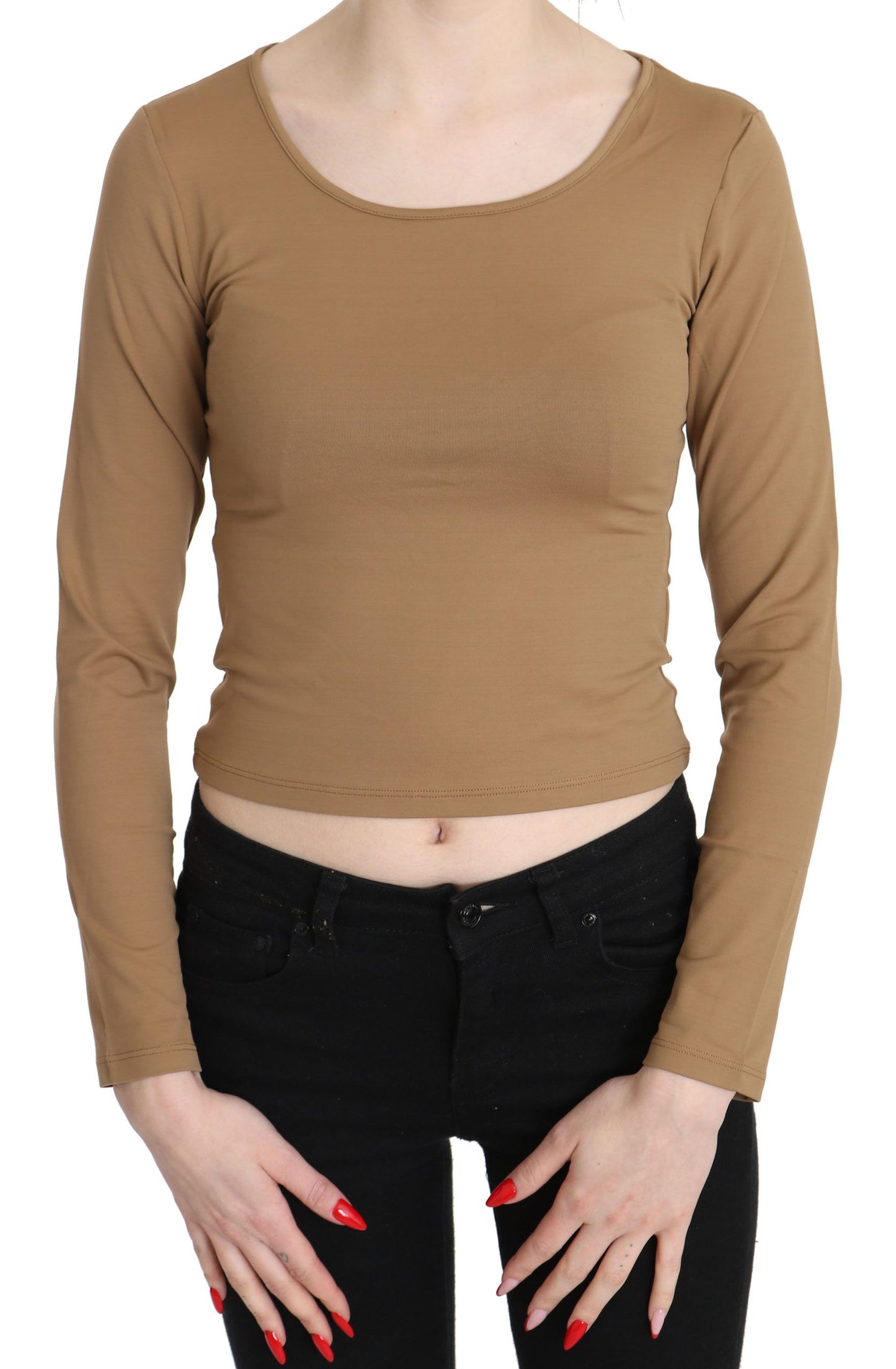 Blusa top corto ajustado de manga larga con cuello redondo marrón