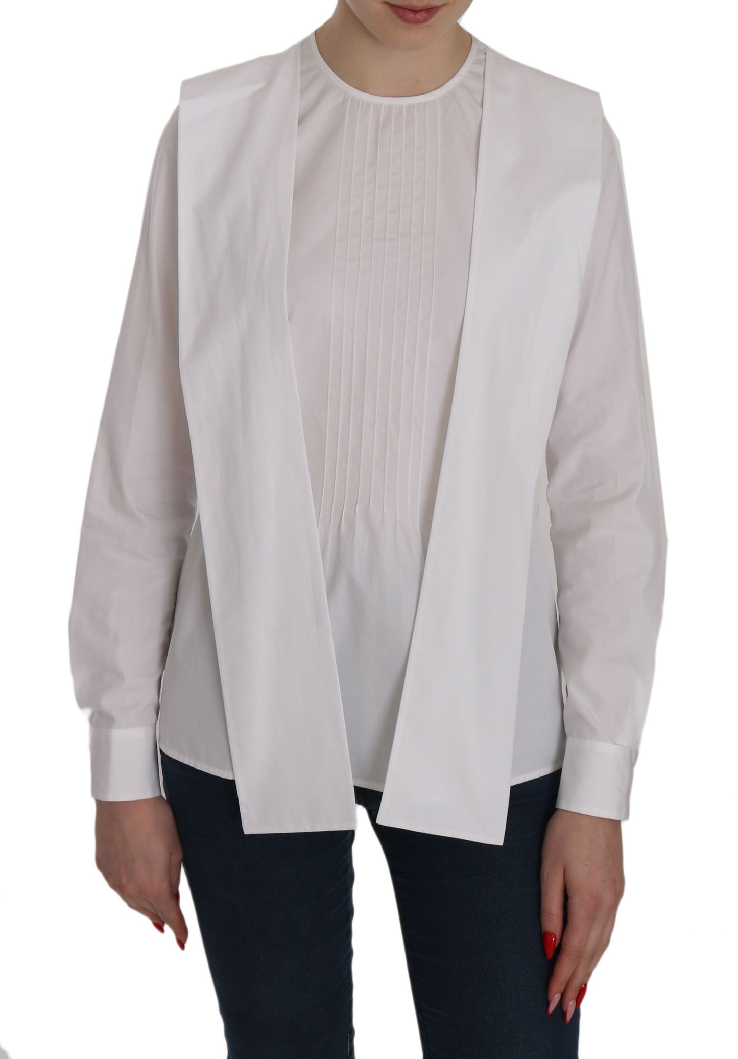 Blusa de algodón de manga larga con cuello redondo blanca