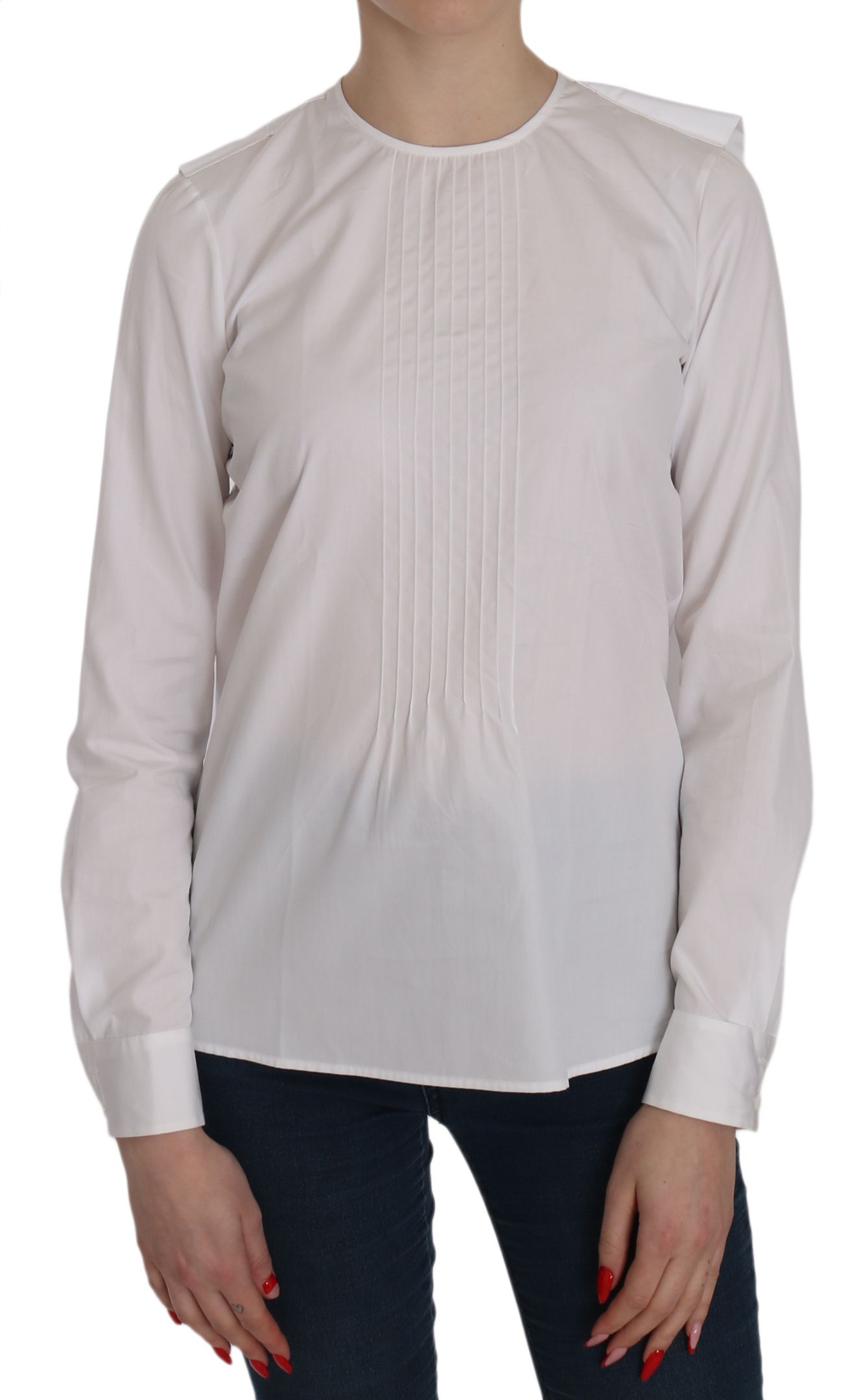 Blusa de algodón de manga larga con cuello redondo blanca