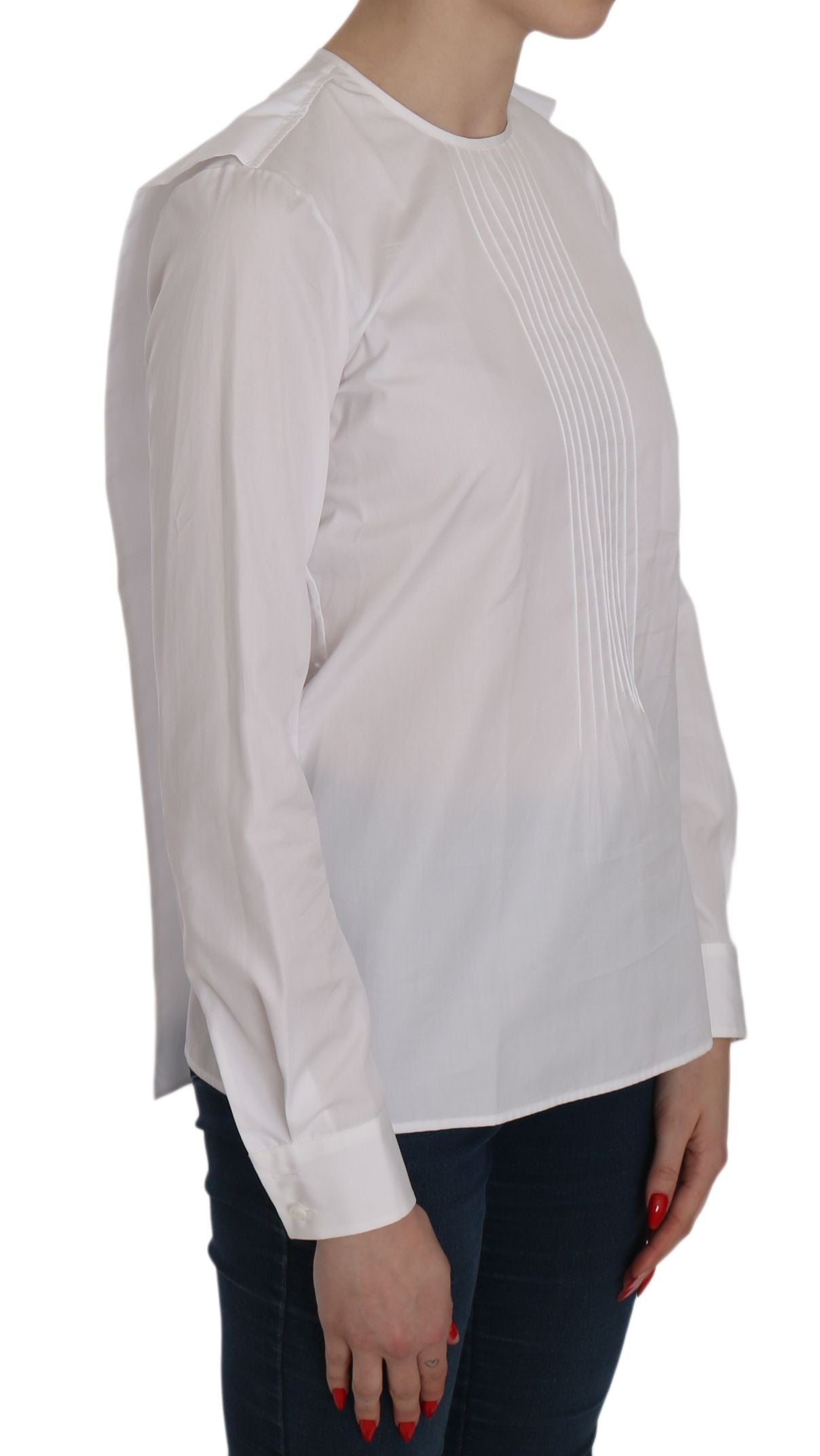 Blusa de algodón de manga larga con cuello redondo blanca