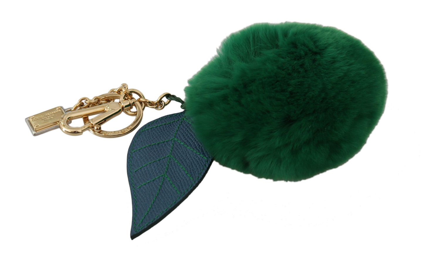 Portachiavi da donna con chiusura dorata in pelle verde e pelliccia