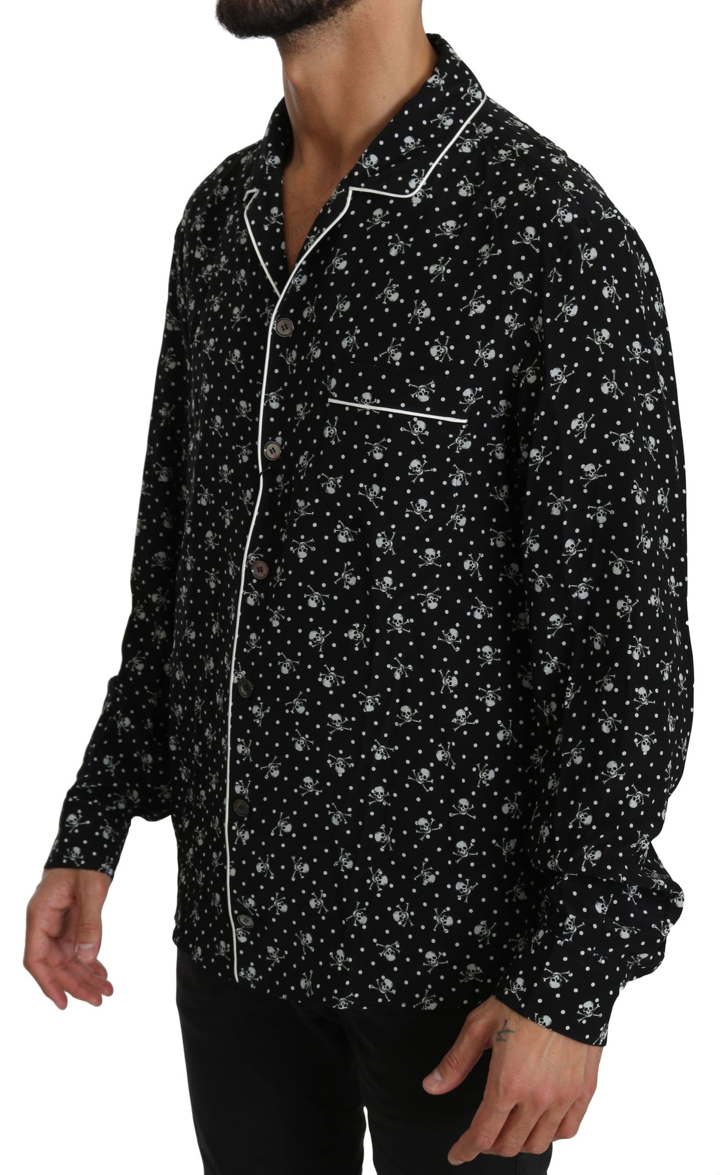 Dolce & Gabbana Elegantes Seiden-Pyjama-Shirt mit Totenkopf-Print