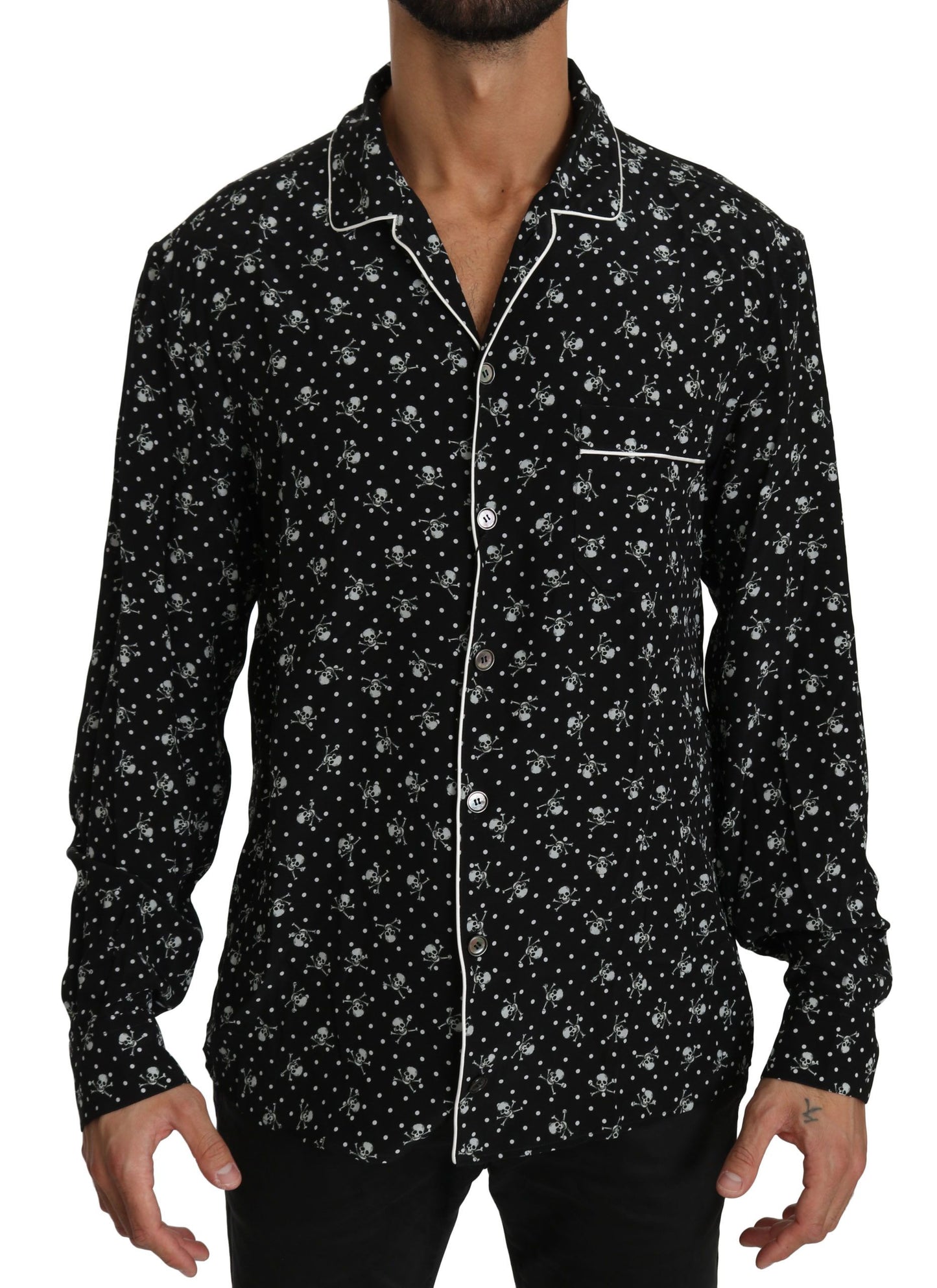 Dolce & Gabbana Elegantes Seiden-Pyjama-Shirt mit Totenkopf-Print
