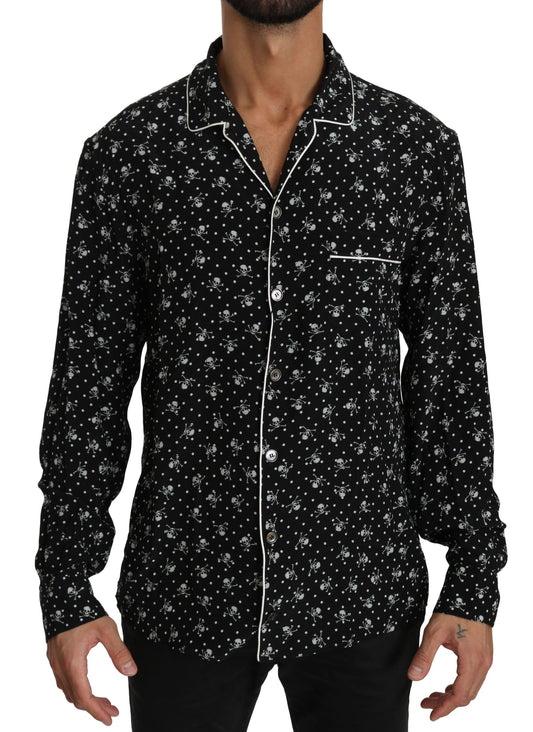 Dolce & Gabbana Elegantes Seiden-Pyjama-Shirt mit Totenkopf-Print