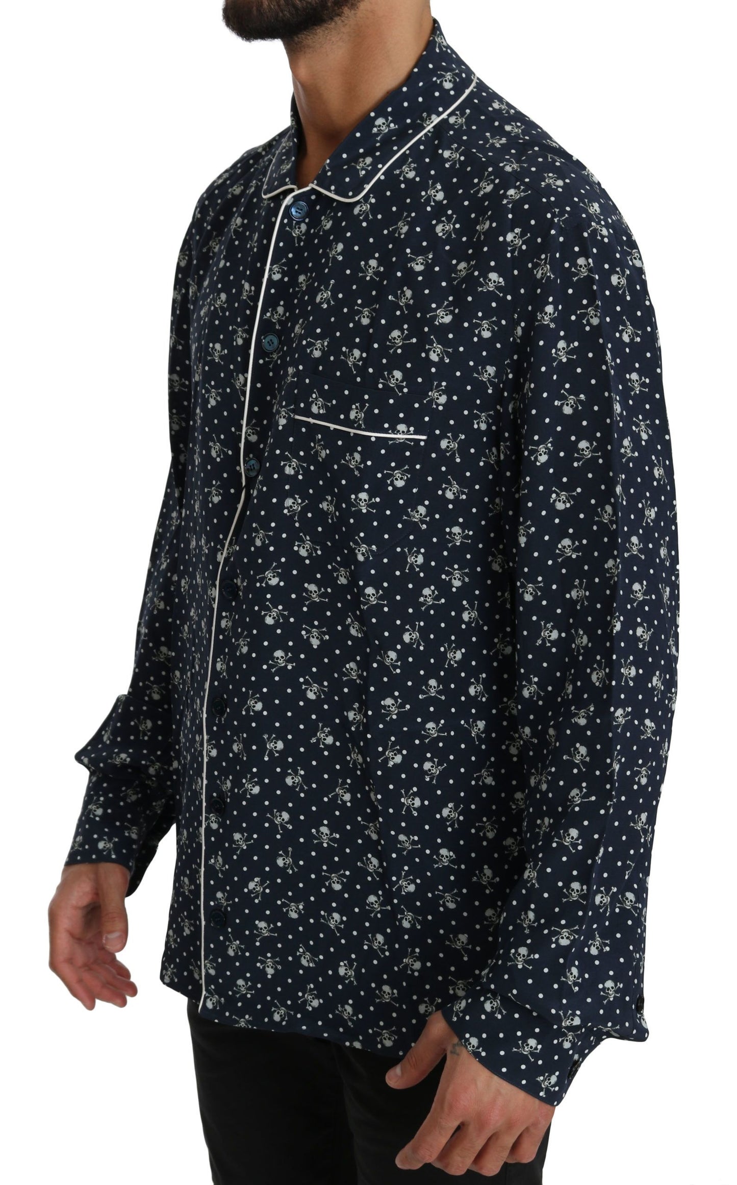 Dolce & Gabbana Seideneleganz: Blaues Totenkopf-Print Lounge-Shirt