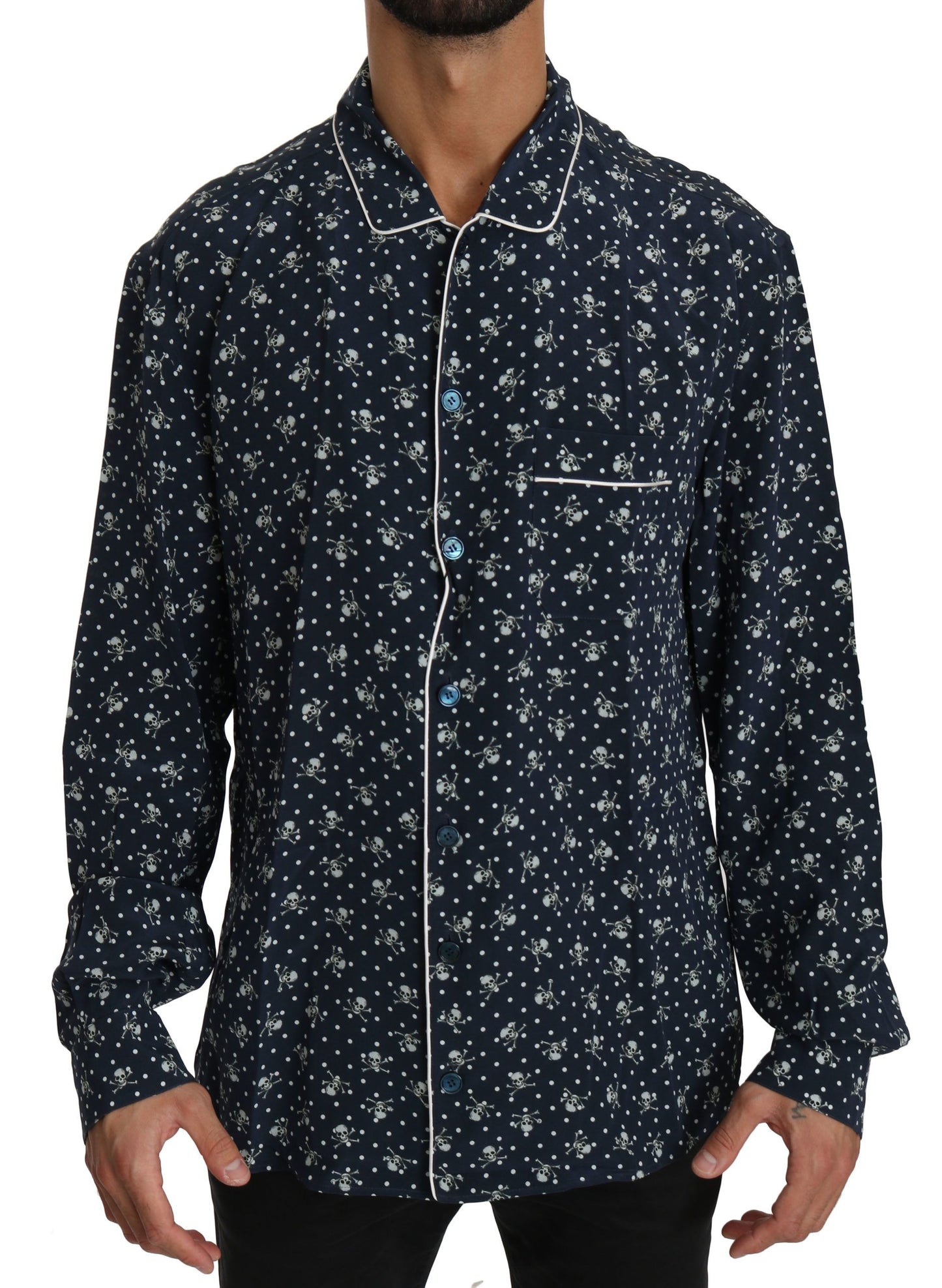 Dolce & Gabbana Seideneleganz: Blaues Totenkopf-Print Lounge-Shirt
