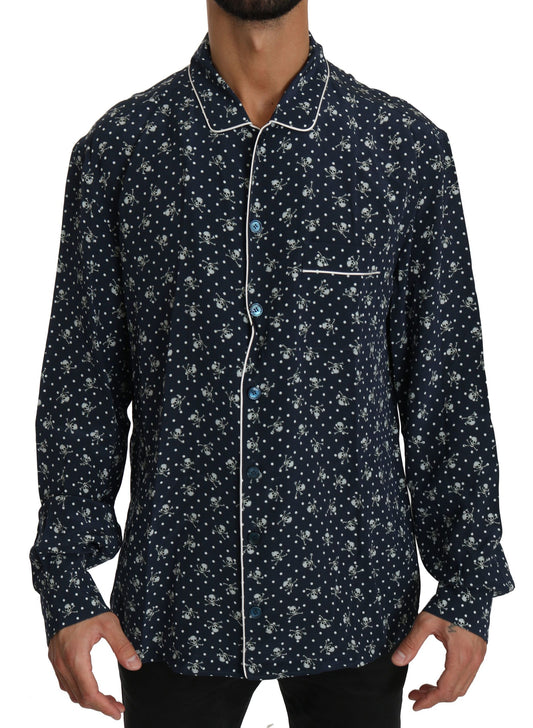 Dolce & Gabbana Seideneleganz: Blaues Totenkopf-Print Lounge-Shirt