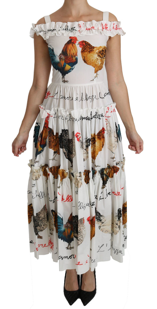 Vestido midi de algodón con diseño de gallo blanco