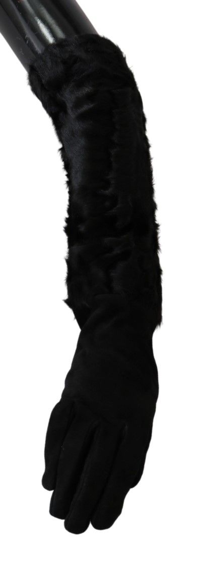 Guantes de piel de ante con manopla negra hasta el codo