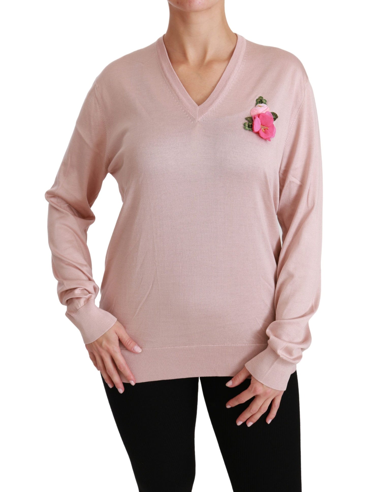 Pull en soie rose à fleurs Dolce & Gabbana à col en V
