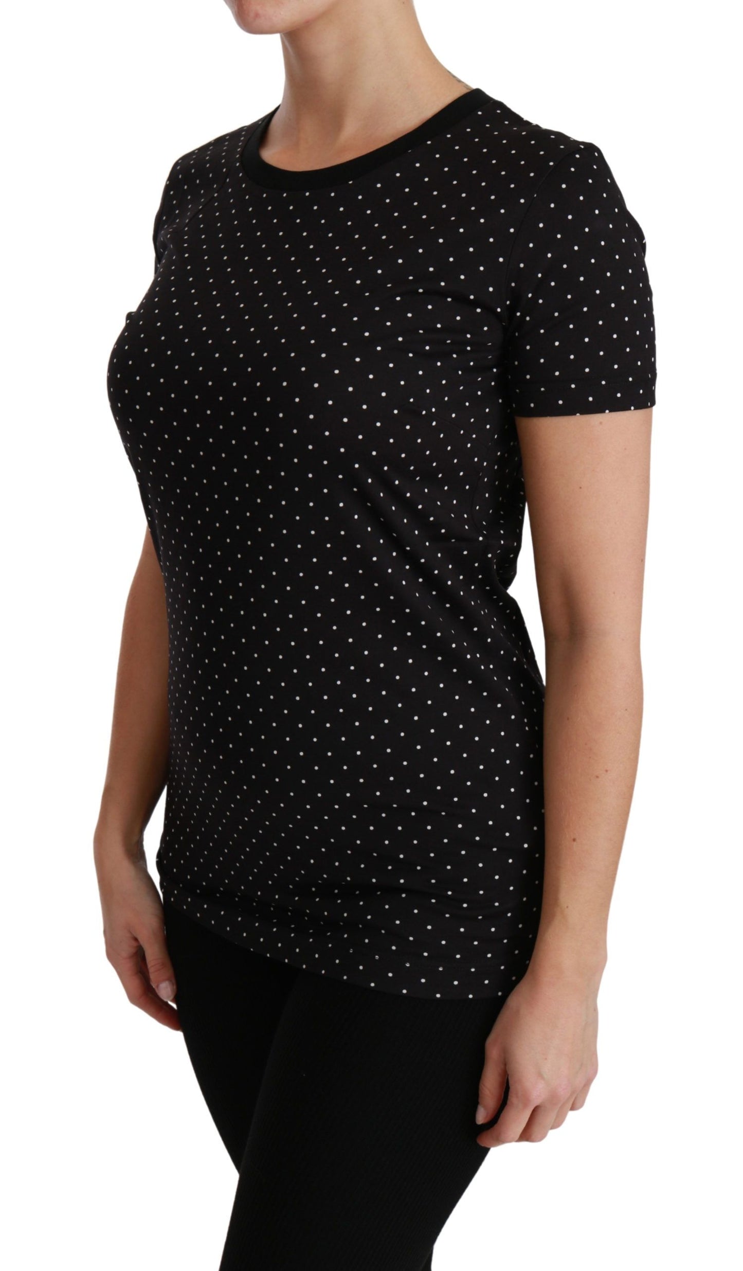 Dolce & Gabbana Schickes schwarzes gepunktetes Rundhals-Cotton-T-Shirt