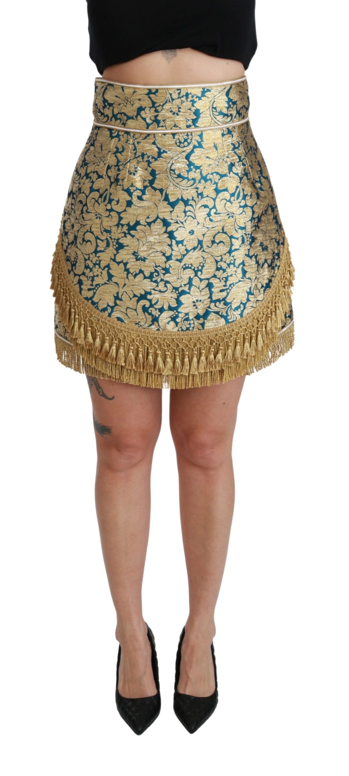 Falda dorada con borlas de jacquard de cintura alta azul