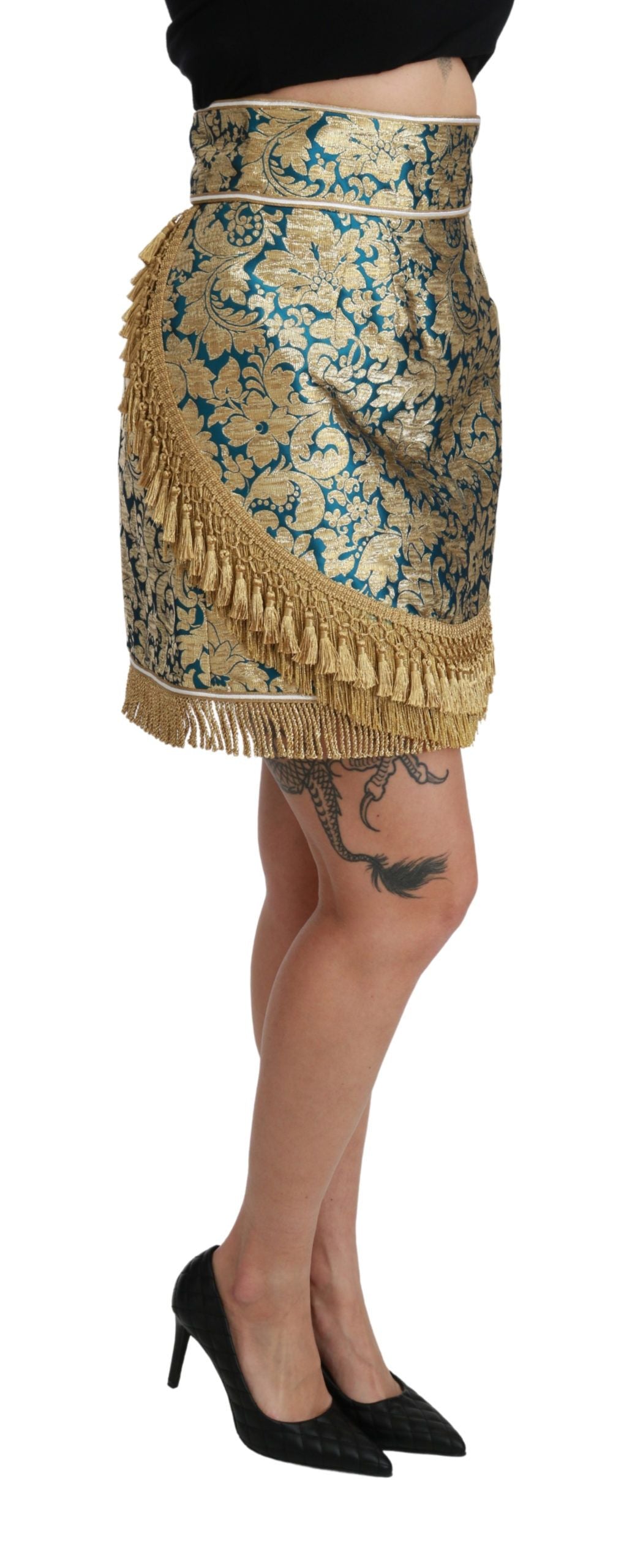 Falda dorada con borlas de jacquard de cintura alta azul