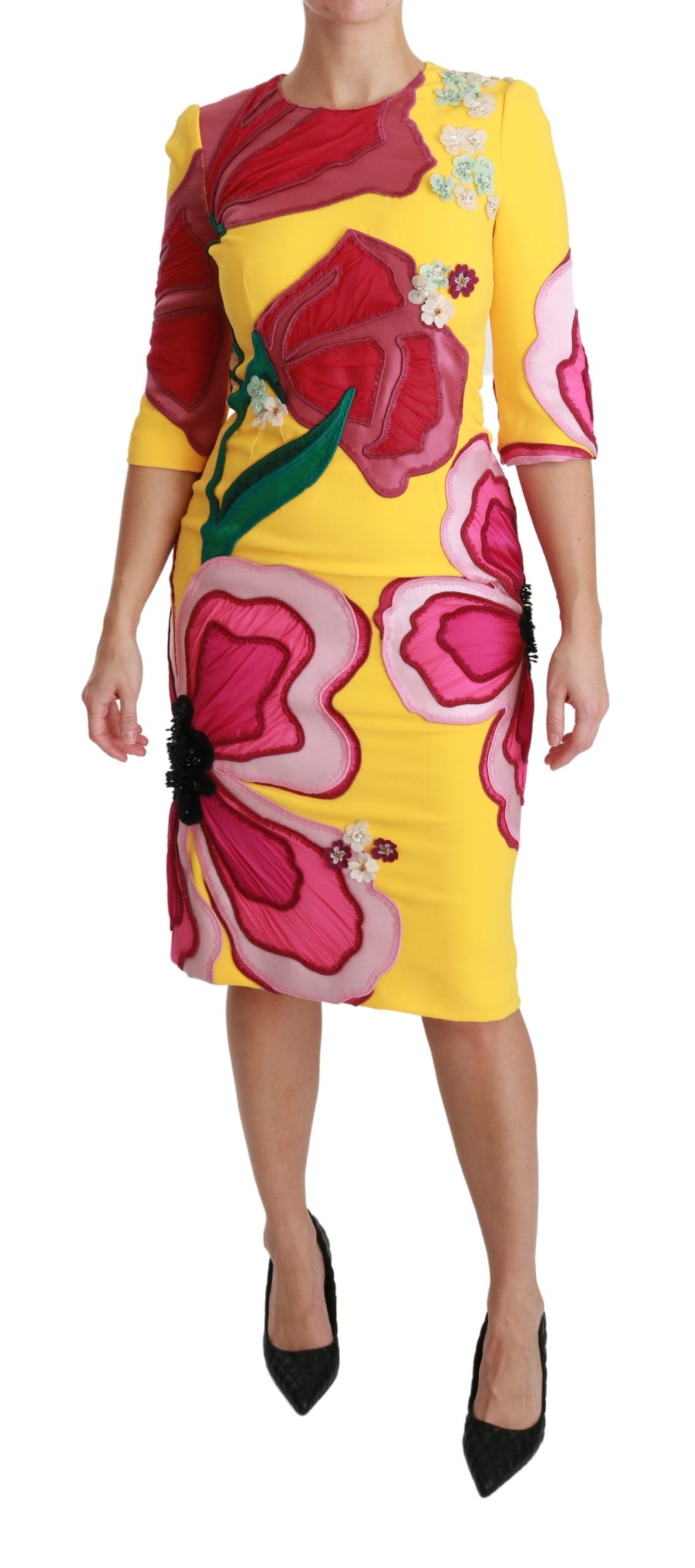 Vestido tubo ajustado con cristales y flores amarillo