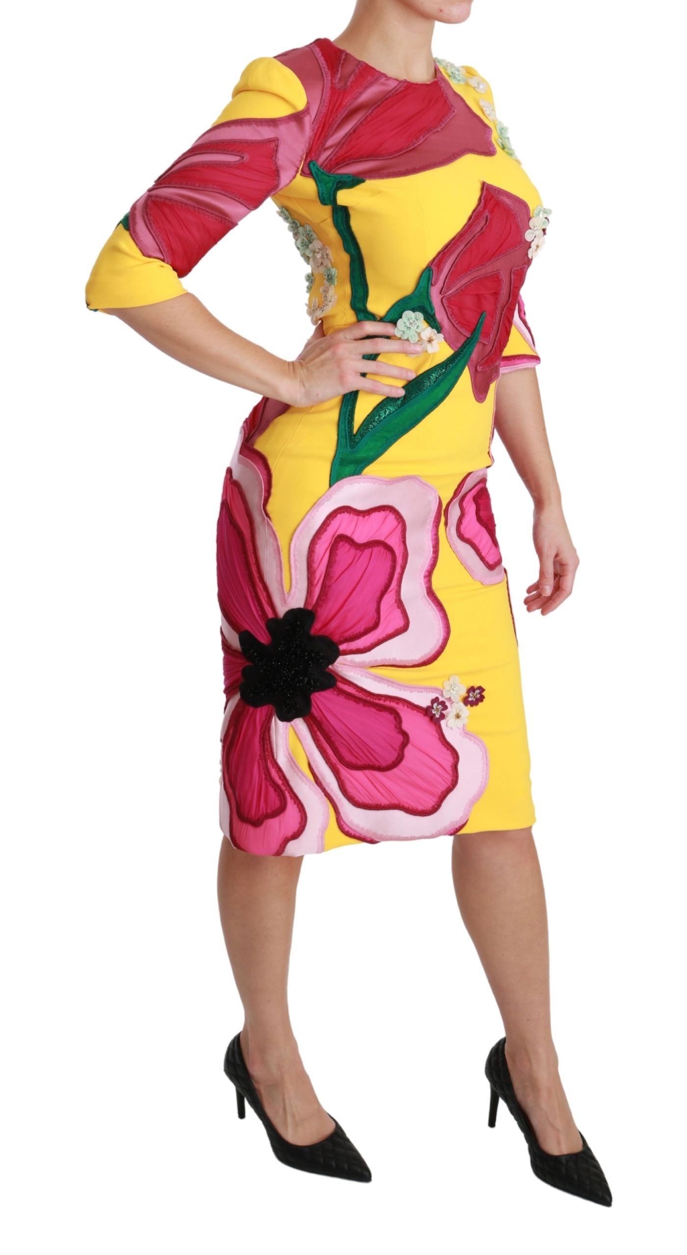 Vestido tubo ajustado con cristales y flores amarillo