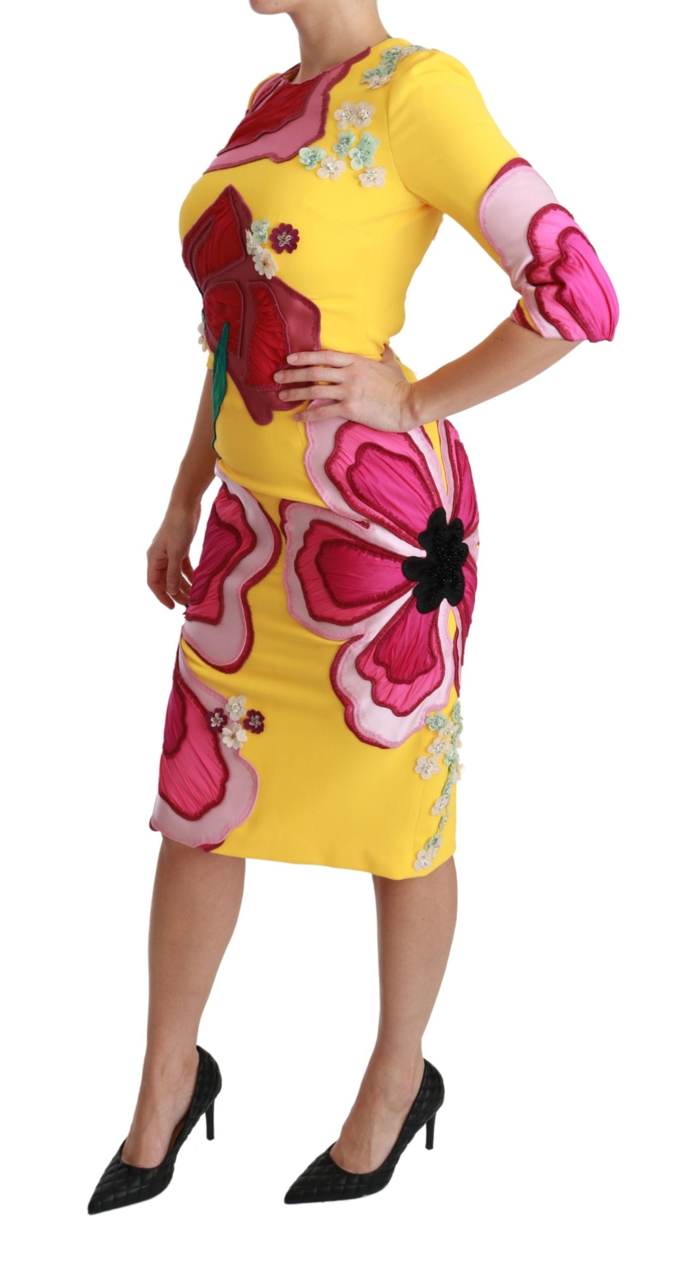 Vestido tubo ajustado con cristales y flores amarillo
