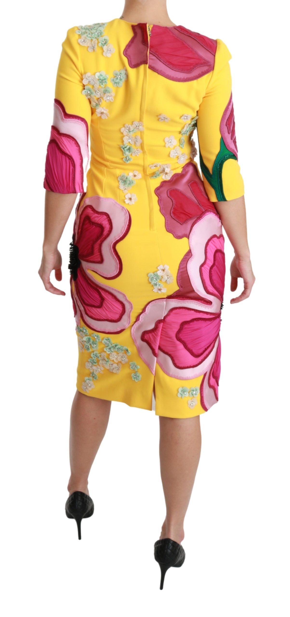 Vestido tubo ajustado con cristales y flores amarillo