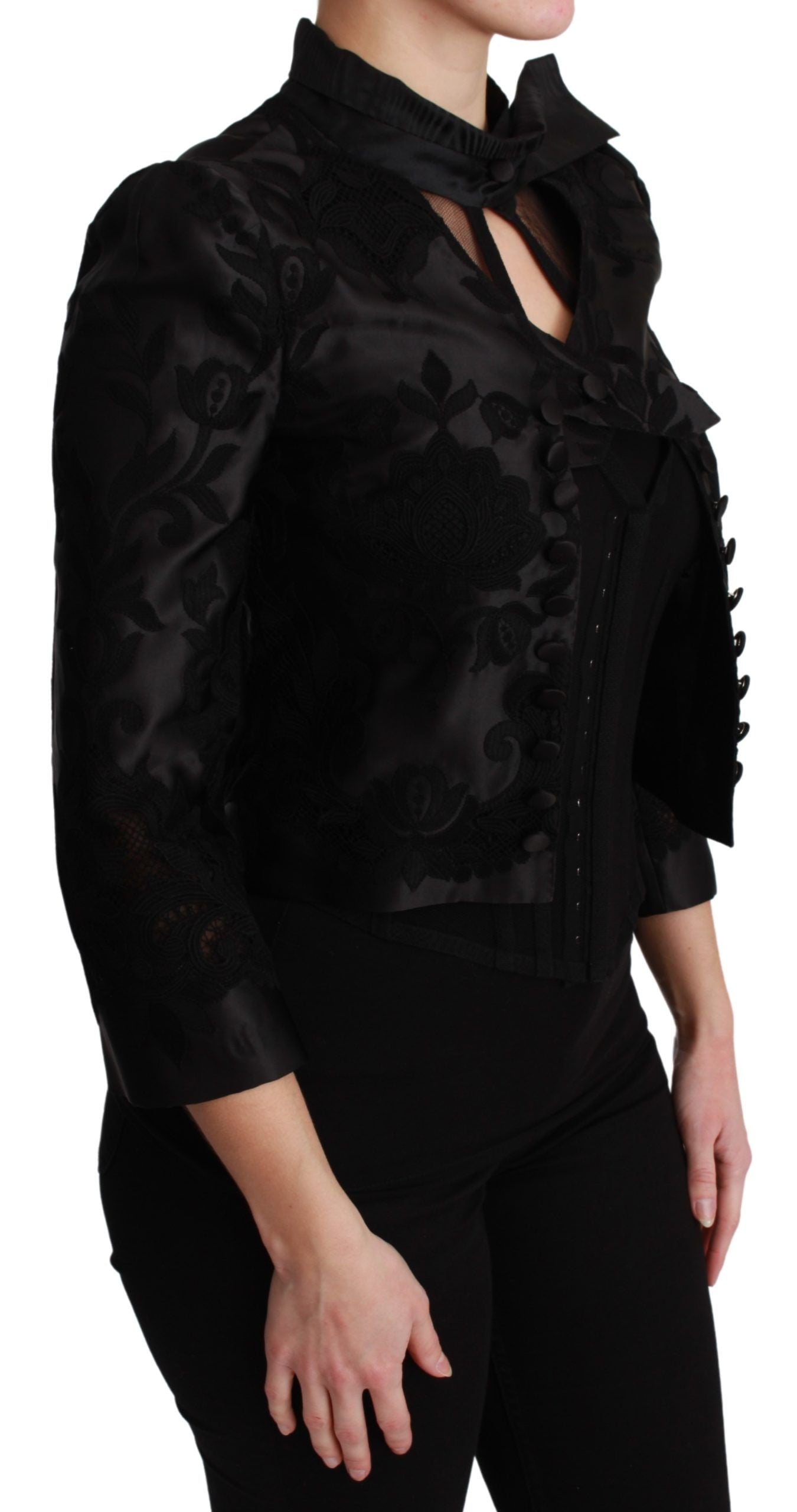 Chaqueta de seda tipo blazer de jacquard floral negra