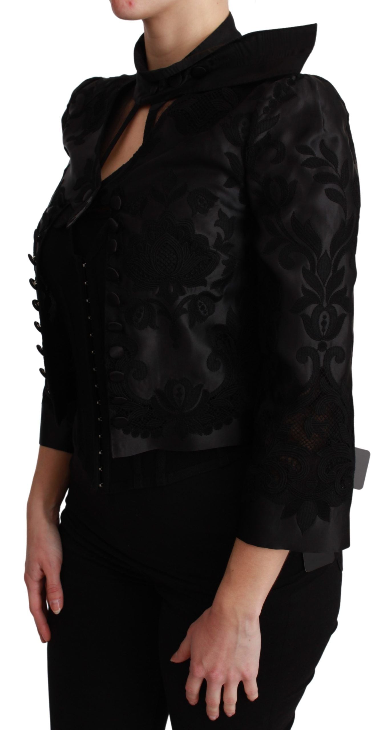 Chaqueta de seda tipo blazer de jacquard floral negra