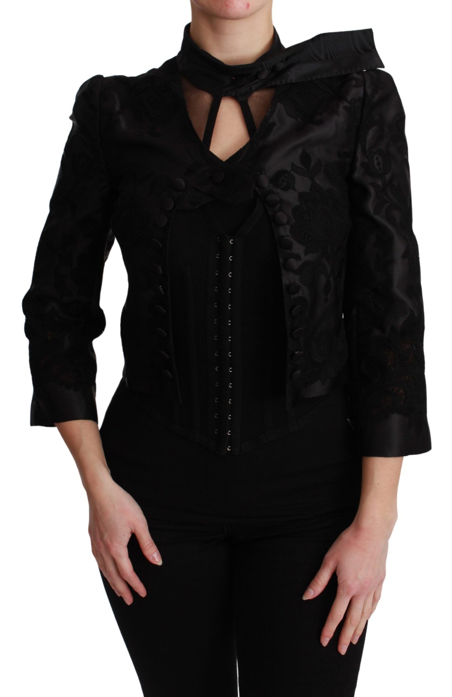 Chaqueta de seda tipo blazer de jacquard floral negra