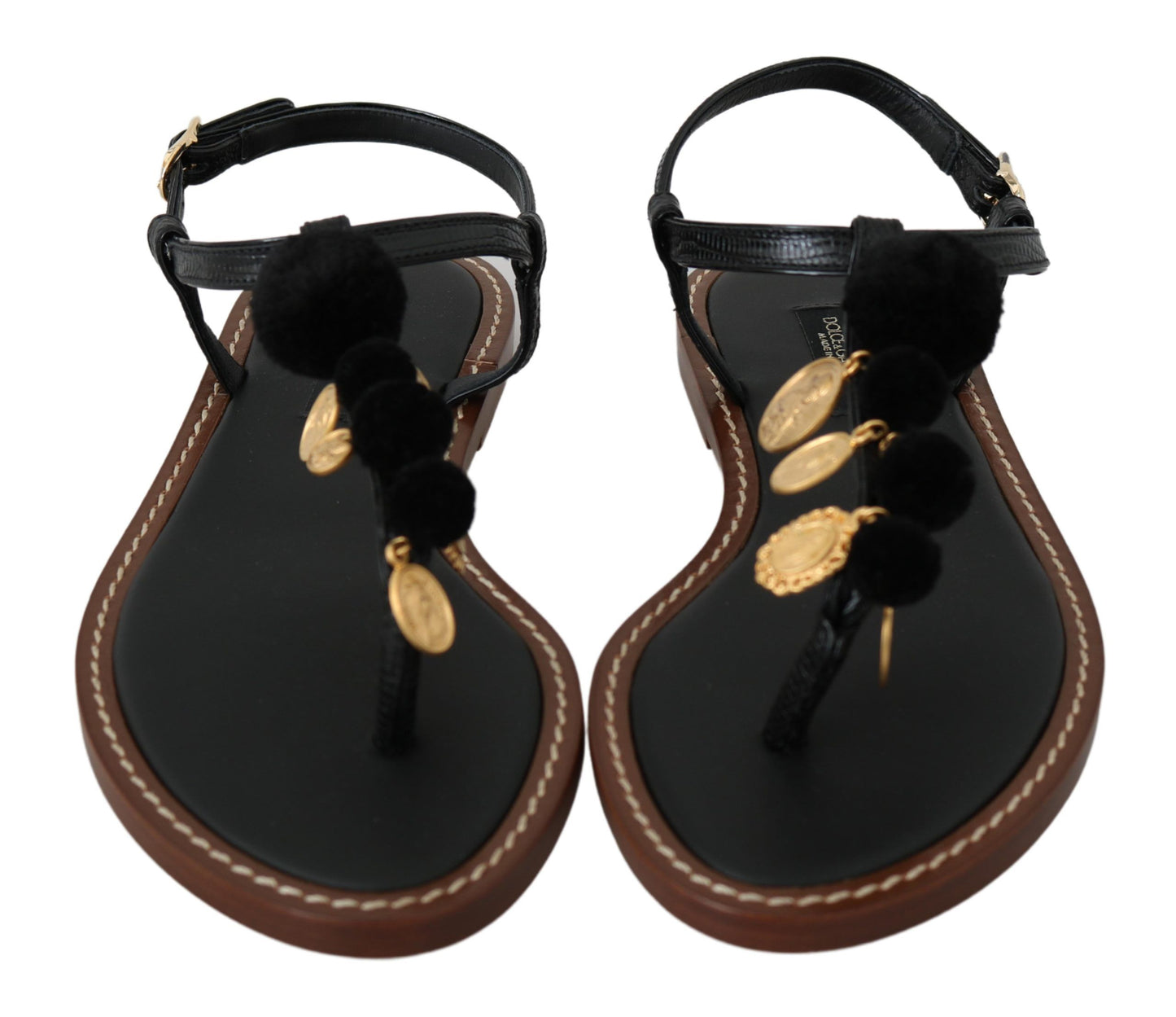 Scarpe sandali infradito con monete in pelle nera