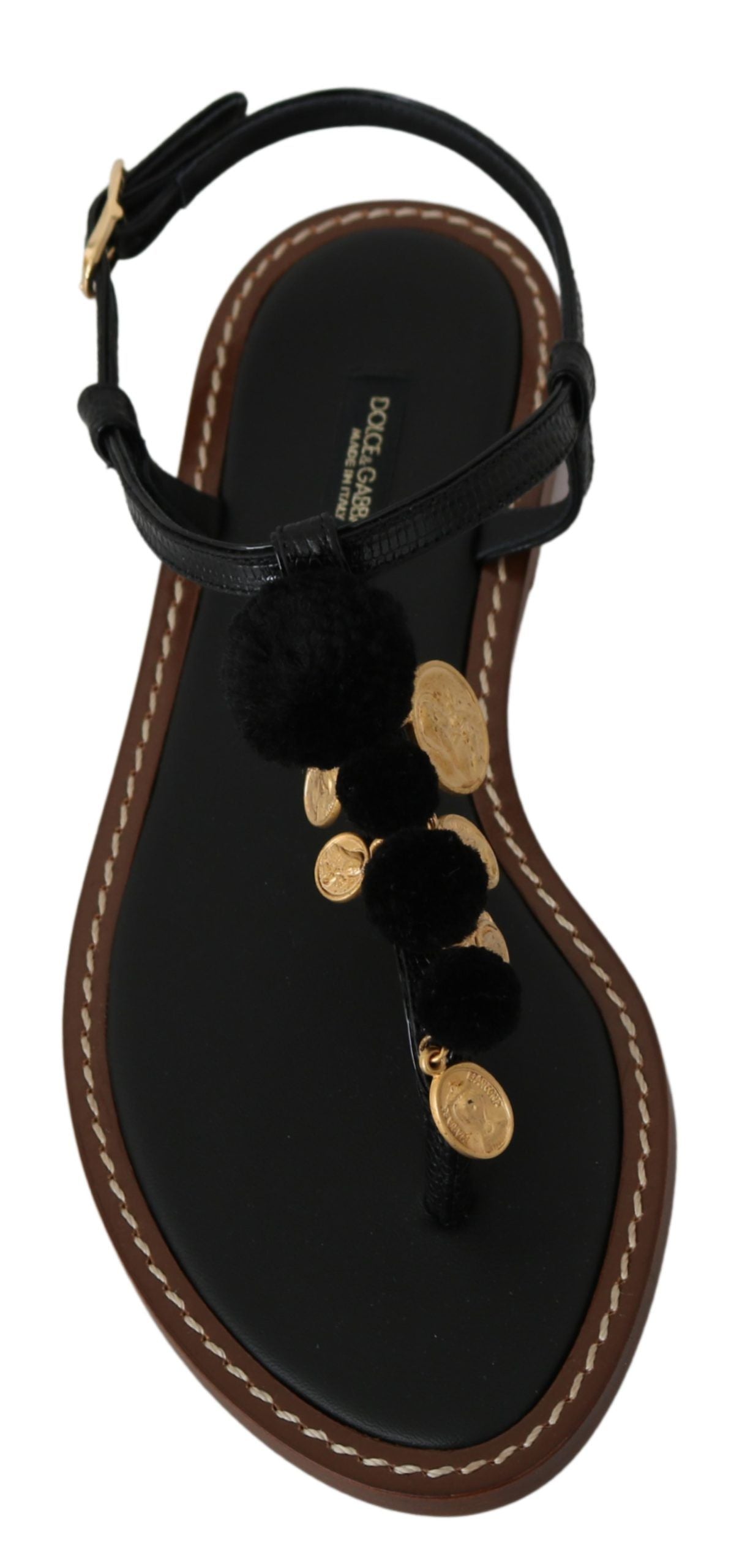 Scarpe sandali infradito con monete in pelle nera