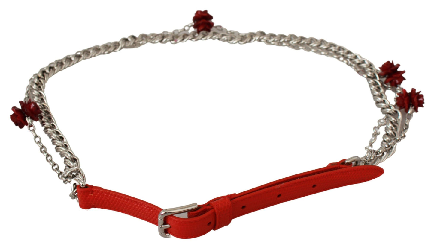 Cintura in vita floreale argento con rose in pelle rossa