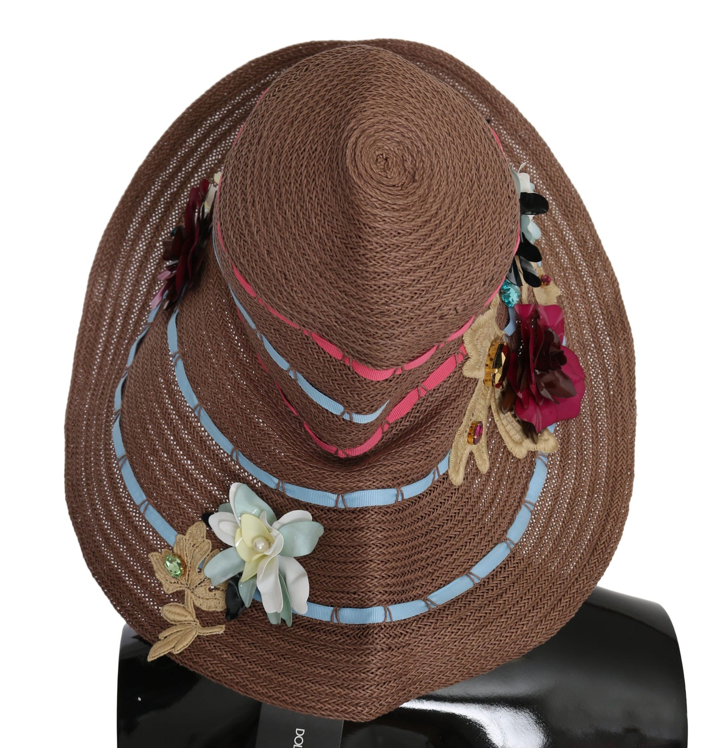 Sombrero de gorra flexible de paja de ala ancha floral marrón