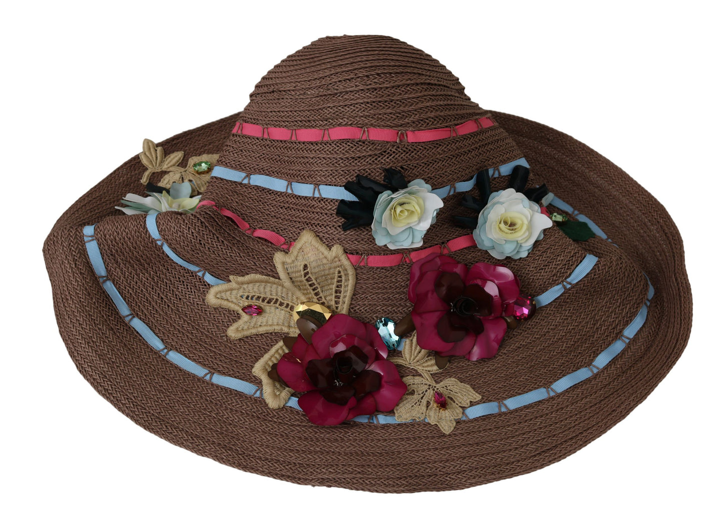 Sombrero de gorra flexible de paja de ala ancha floral marrón