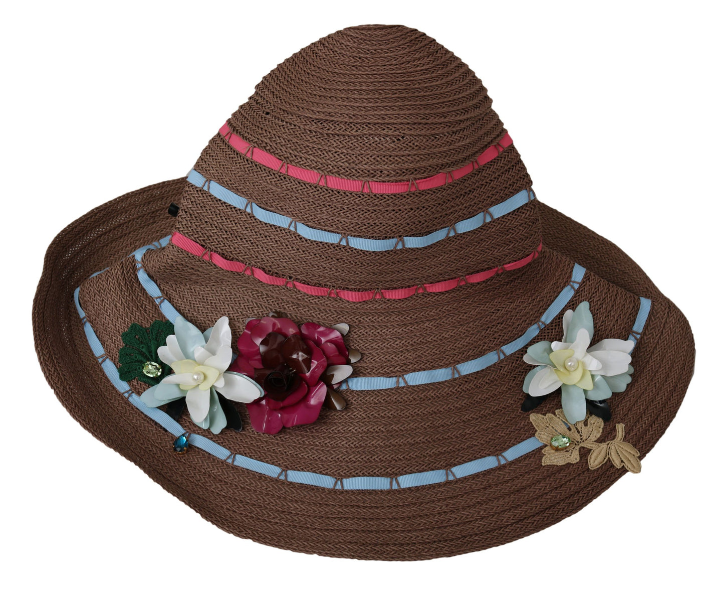 Sombrero de gorra flexible de paja de ala ancha floral marrón