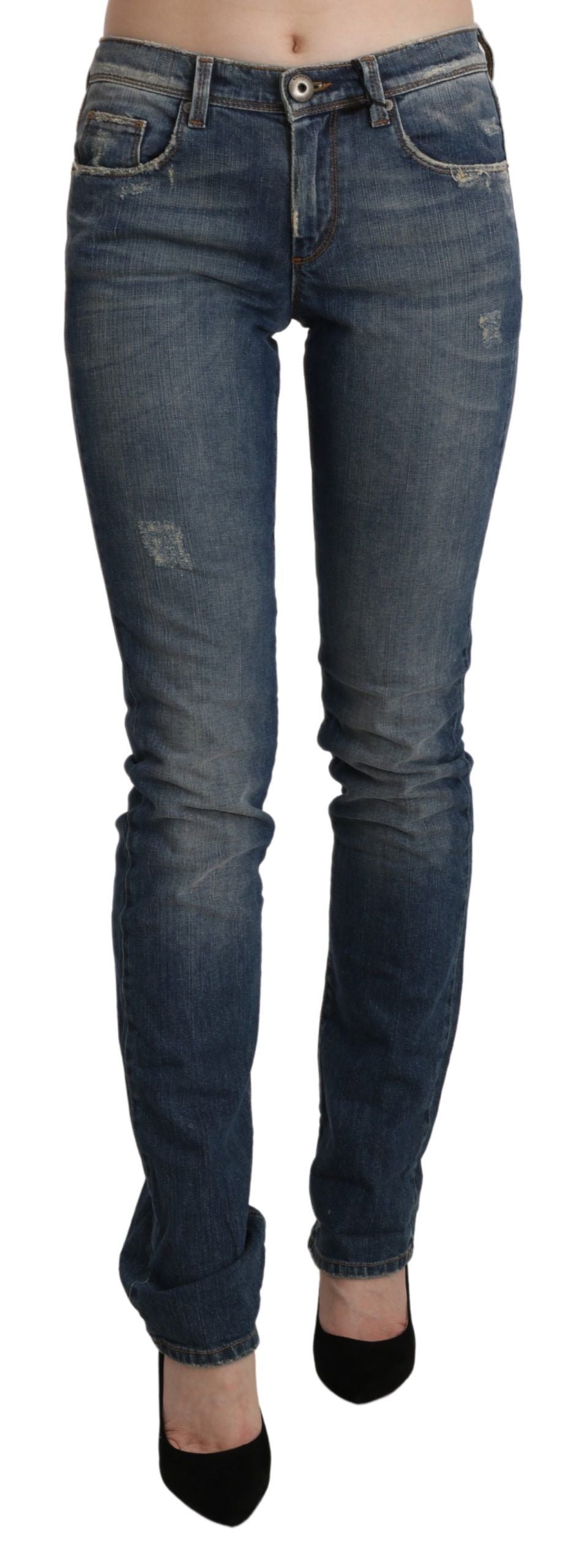 Jeans skinny in denim blu a vita media lavati