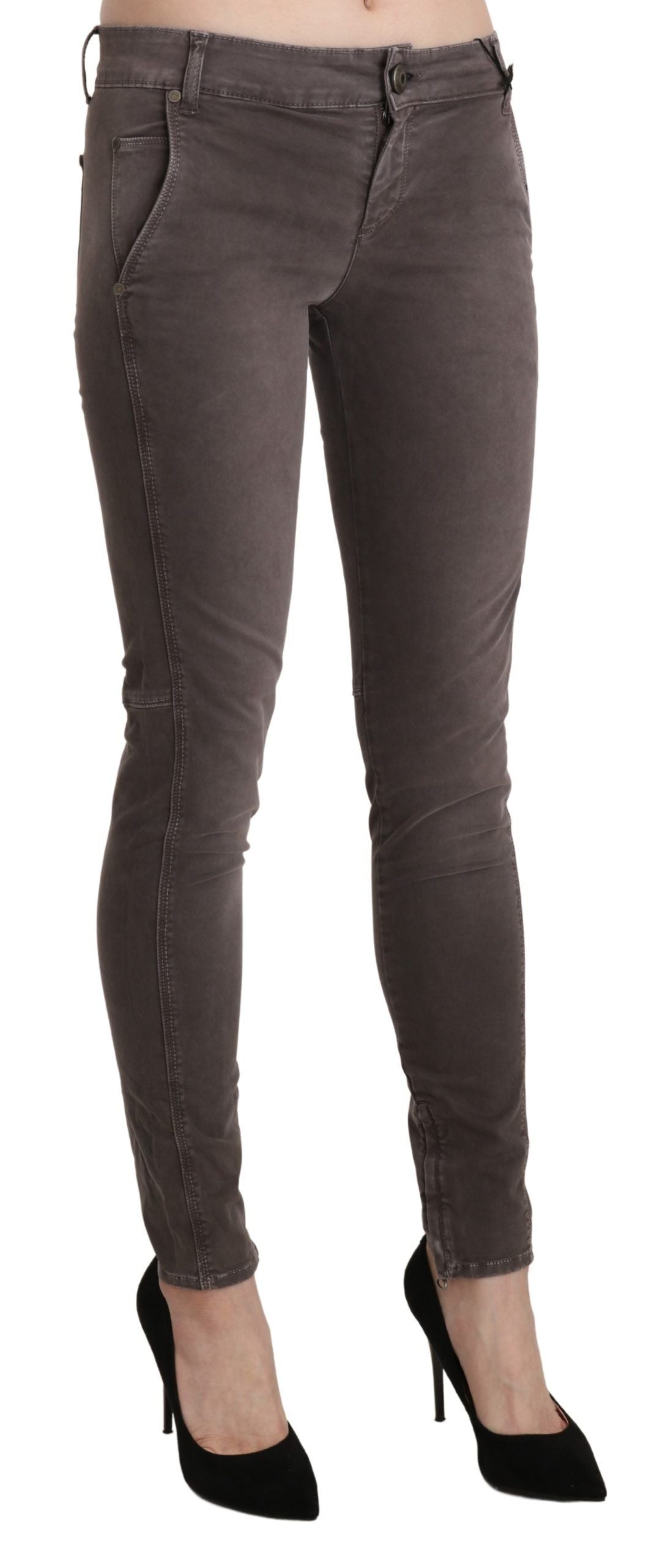 Jeans in cotone con pantaloni slim skinny a vita bassa marrone