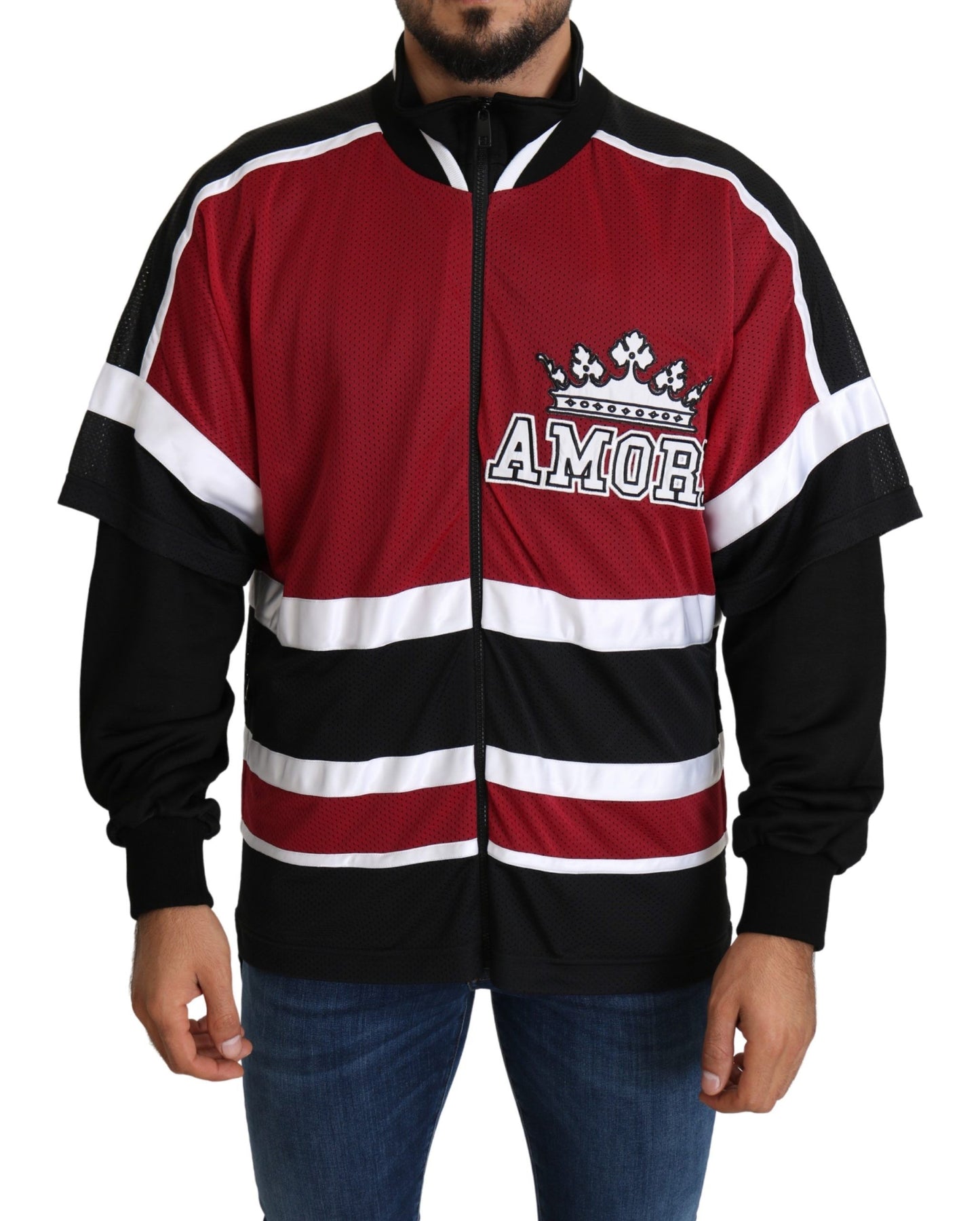 Suéter rojo negro AMORE Sport con cremallera completa