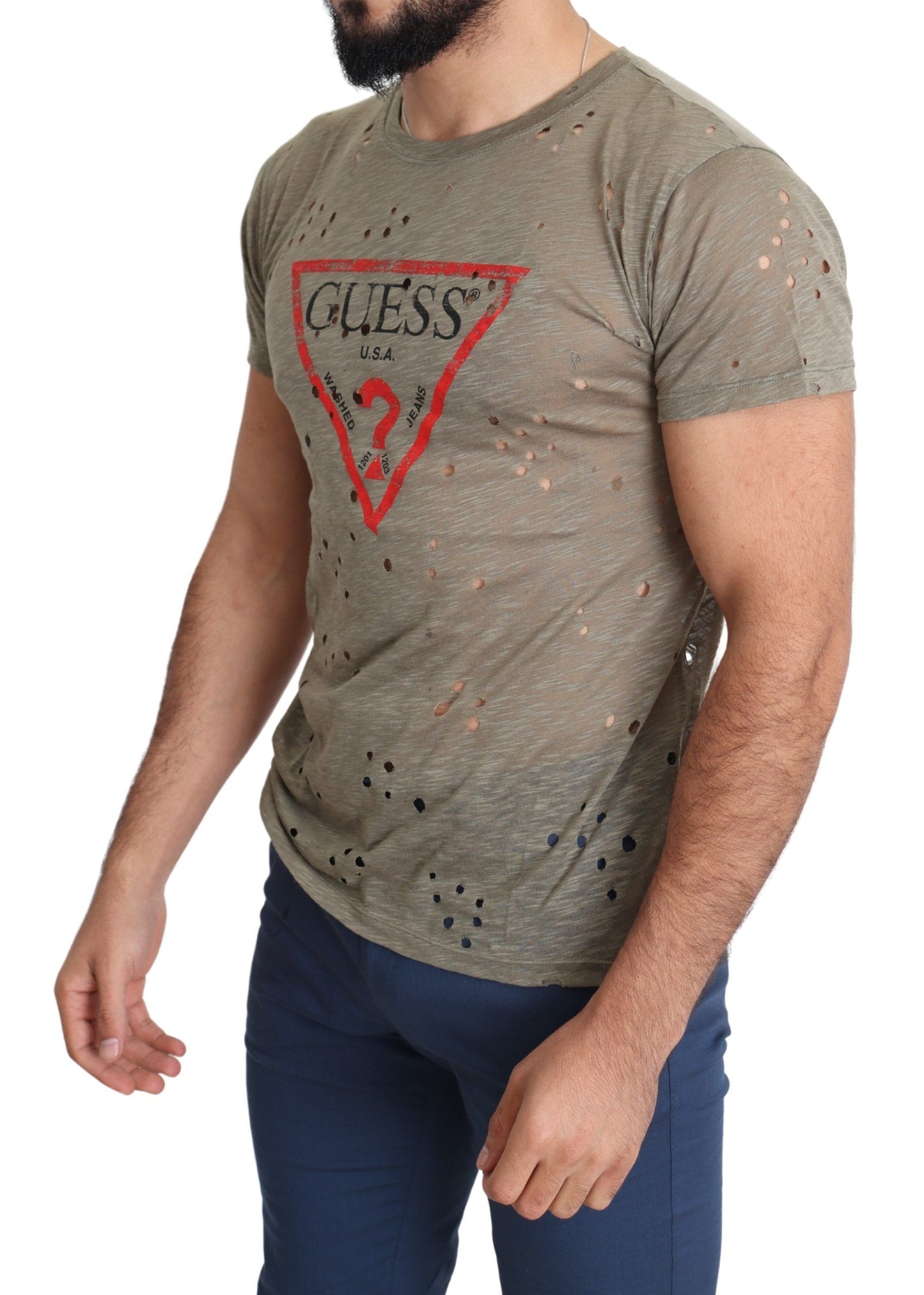 Camiseta perforada informal con estampado de logotipo elástico de algodón marrón para hombre