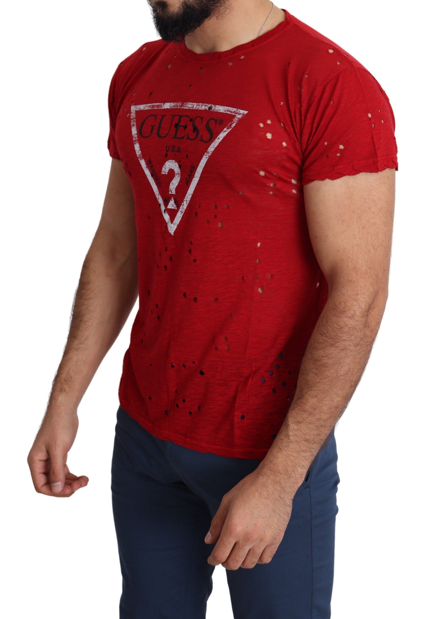 Camiseta perforada superior informal para hombre con estampado de logotipo de algodón rojo
