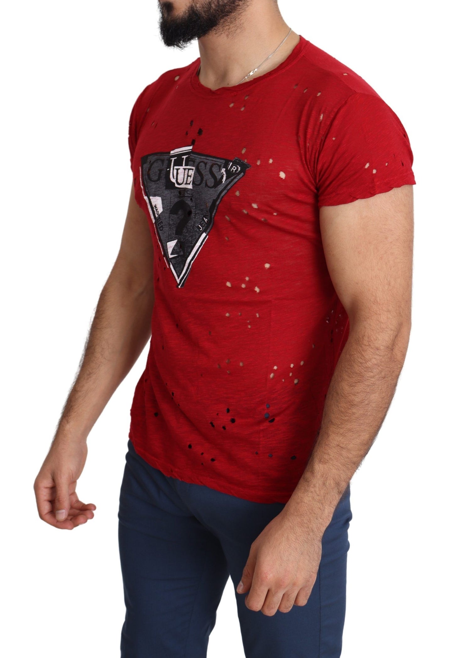 Camiseta perforada superior informal para hombre con estampado de logotipo de algodón rojo