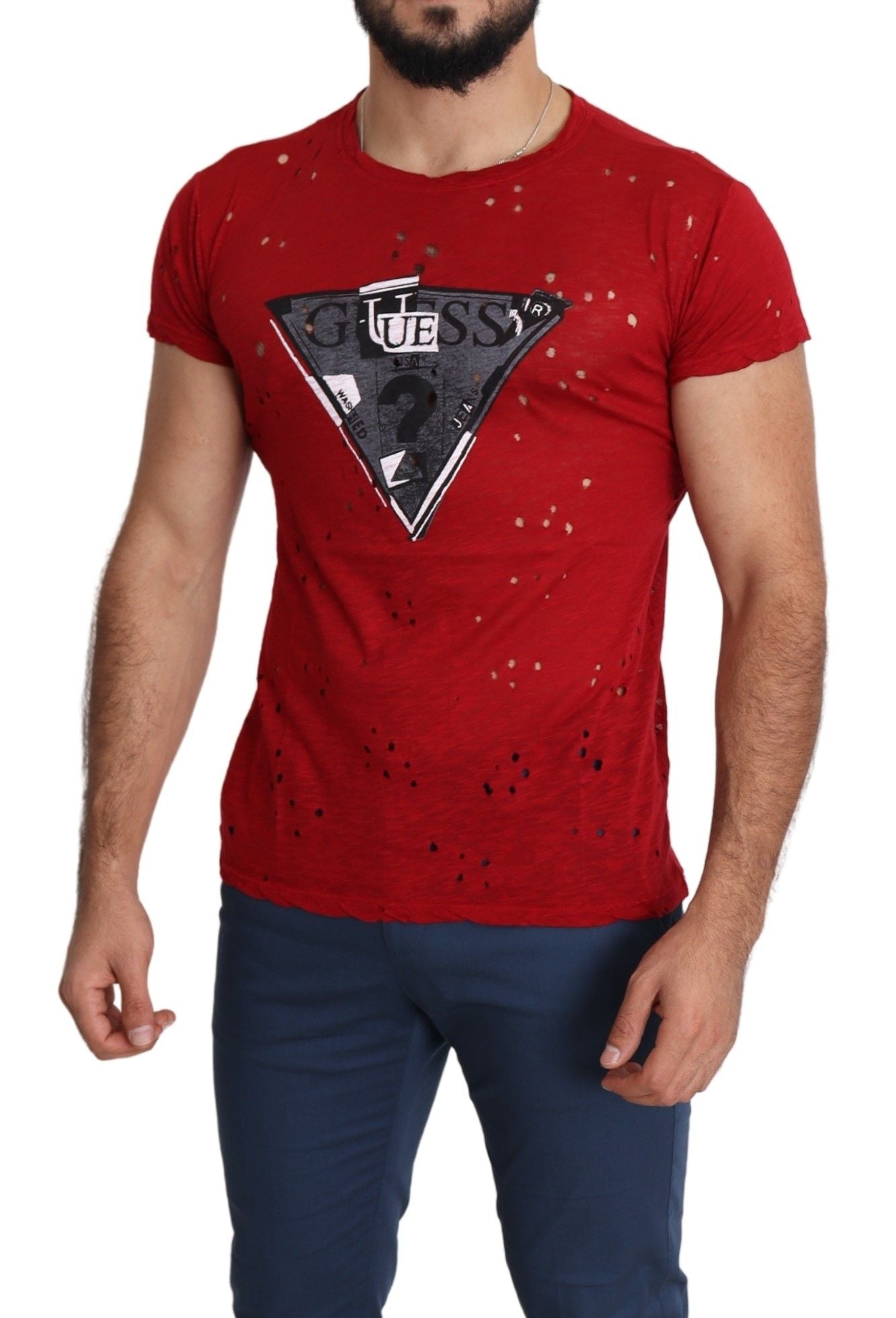 Camiseta perforada superior informal para hombre con estampado de logotipo de algodón rojo