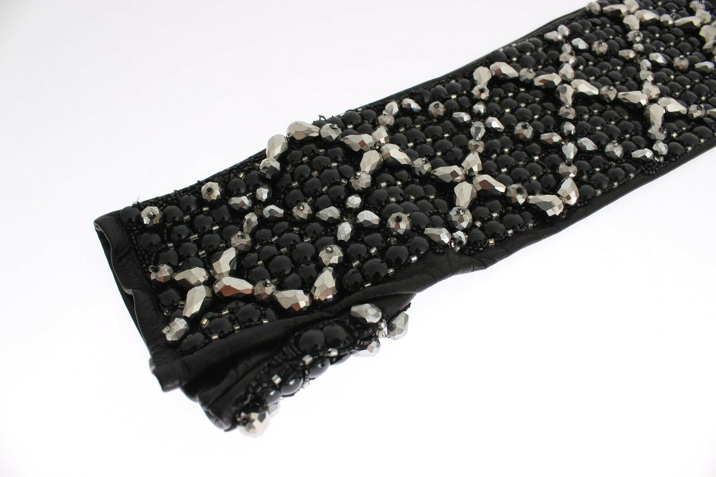Guantes sin dedos con cuentas de cristal de cuero negro