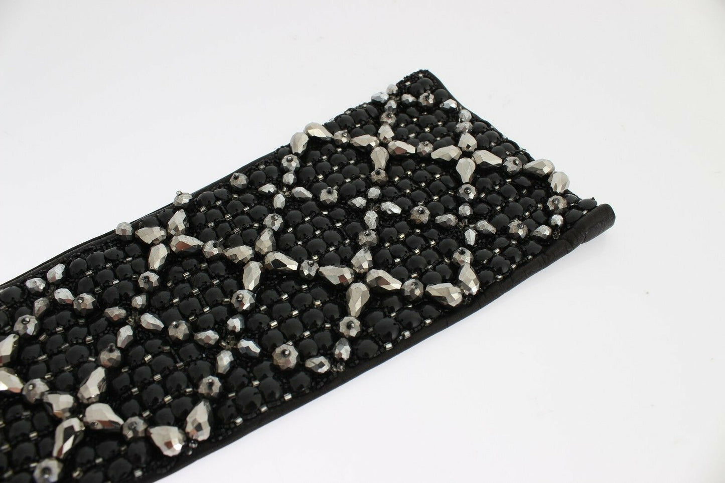 Guantes sin dedos con cuentas de cristal de cuero negro